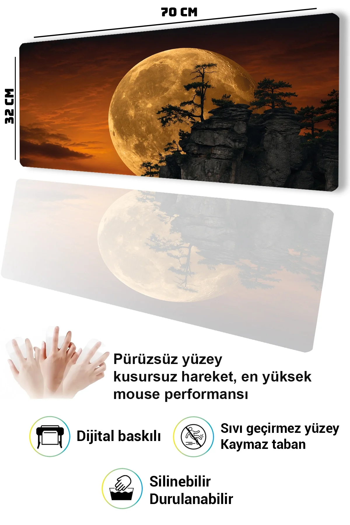SonicTouch Klavye Mousepad 32x70cm Kehribar Ay Dikişsiz Pürüzsüz Sıvı Geçirmez Kaymaz Taban