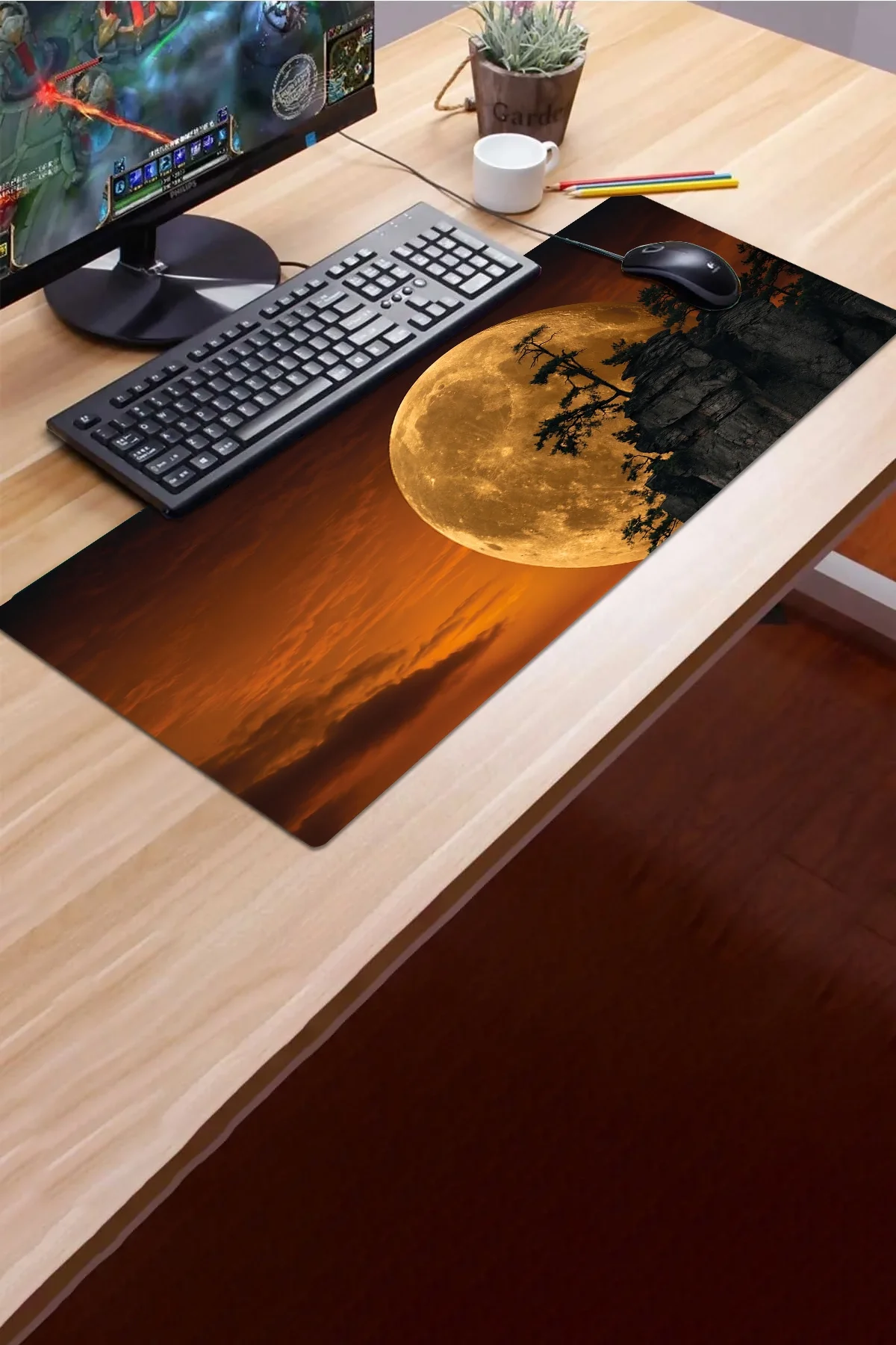 SonicTouch Klavye Mousepad 32x70cm Kehribar Ay Dikişsiz Pürüzsüz Sıvı Geçirmez Kaymaz Taban