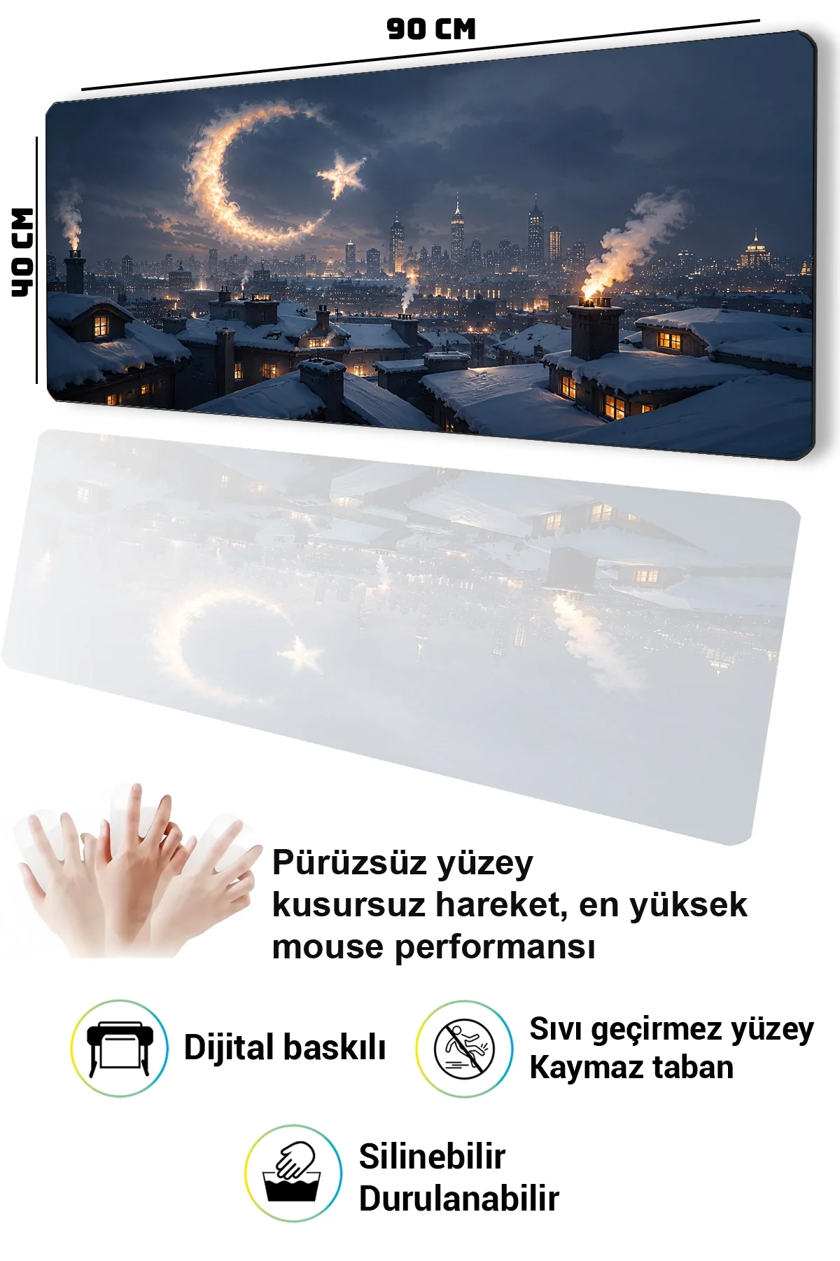 SonicTouch Klavye Mousepad 40x90cm Duman Hilali Dikişsiz Pürüzsüz Sıvı Geçirmez Kaymaz Taban
