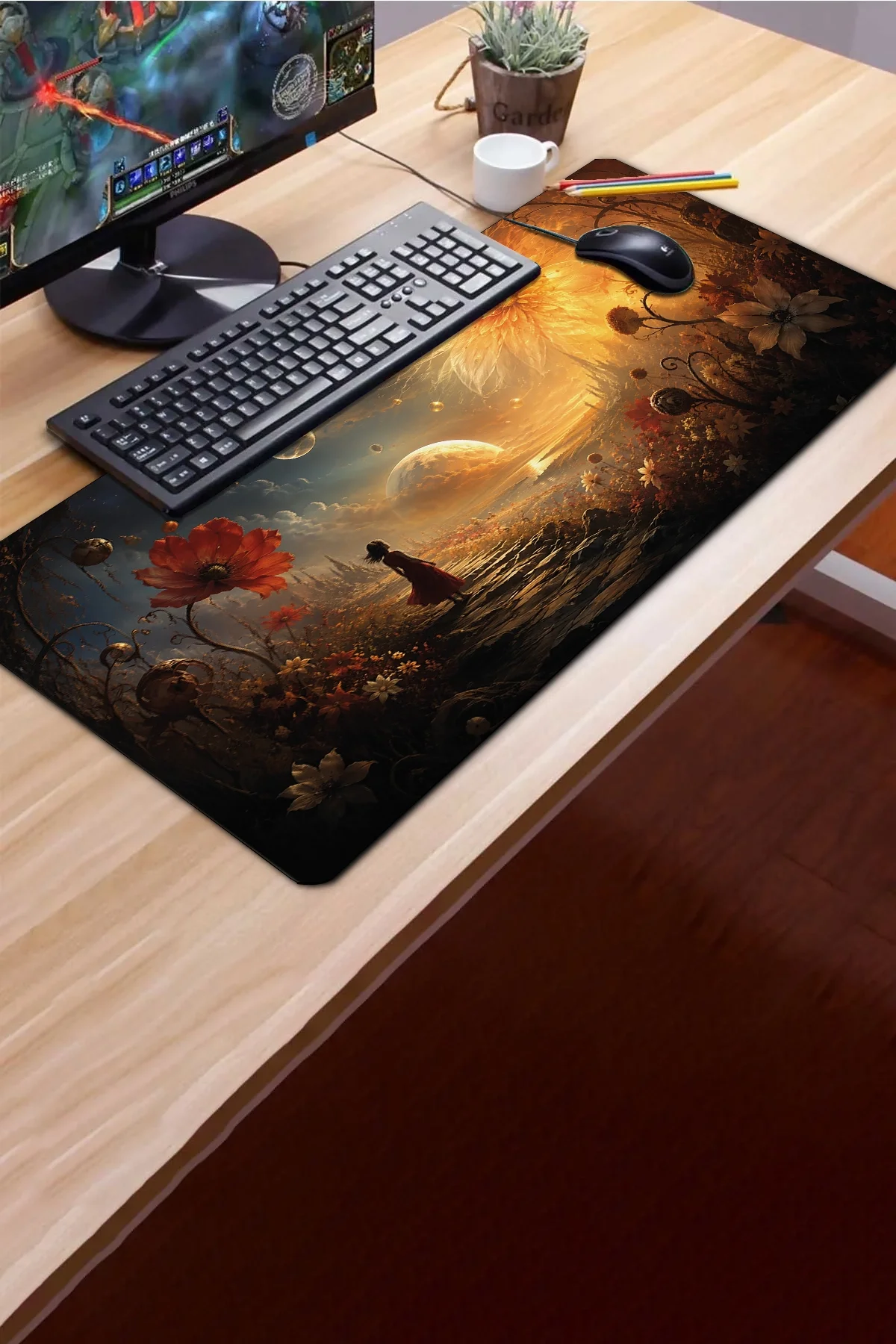 SonicTouch Klavye Mousepad 40x90cm Kozmik Flora Dikişsiz Pürüzsüz Sıvı Geçirmez Kaymaz Taban
