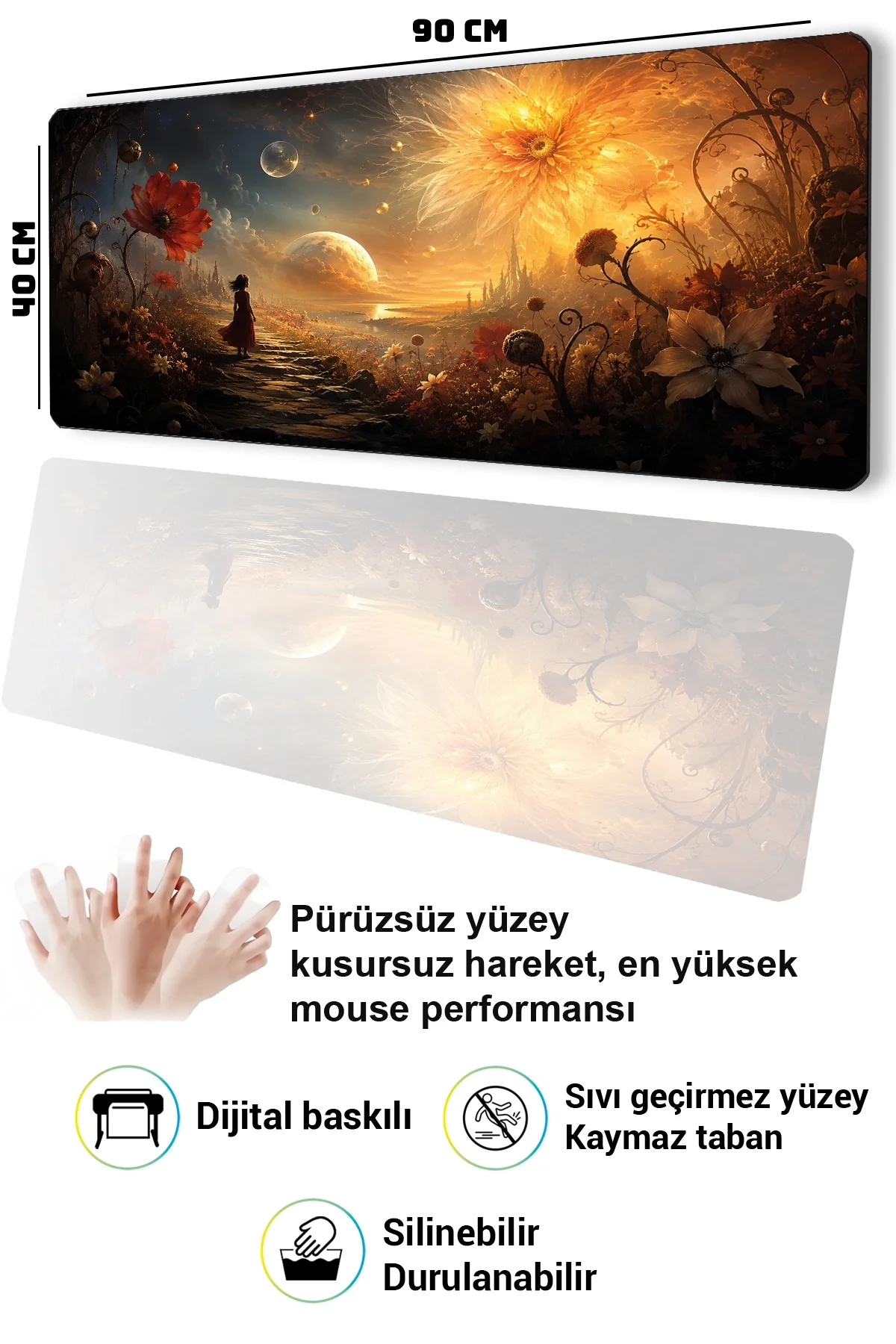 SonicTouch Klavye Mousepad 40x90cm Kozmik Flora Dikişsiz Pürüzsüz Sıvı Geçirmez Kaymaz Taban