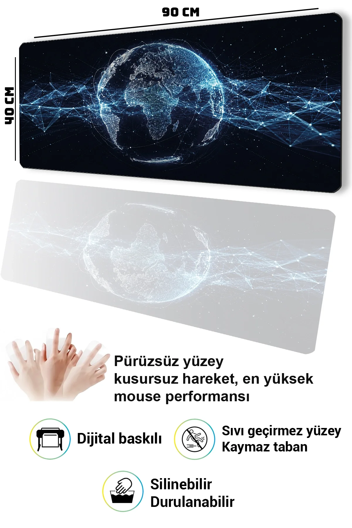SonicTouch Klavye Mousepad 40x90cm Küresel Ağ Dikişsiz Pürüzsüz Sıvı Geçirmez Kaymaz Taban