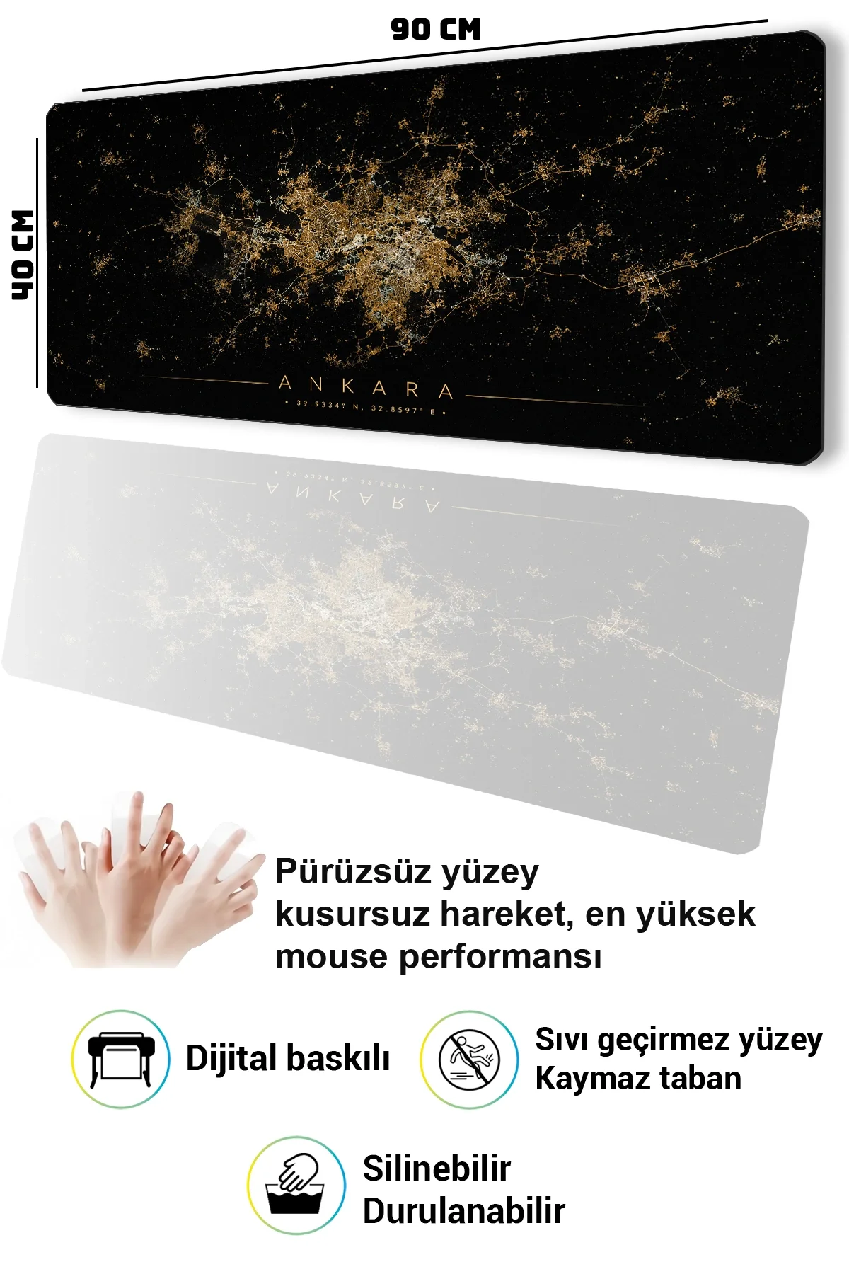 SonicTouch Klavye Mousepad 40x90cm Ankara Gece Haritası Pürüzsüz Sıvı Geçirmez Kaymaz Taban