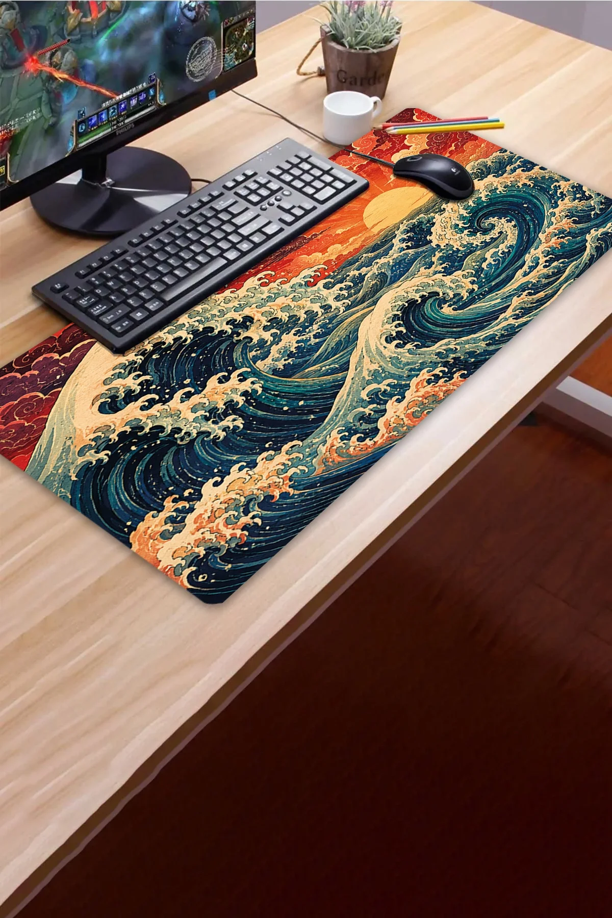 SonicTouch Klavye Mousepad 40x90cm Japon Gün Batımı Dikişsiz Pürüzsüz Sıvı Geçirmez Kaymaz Taban