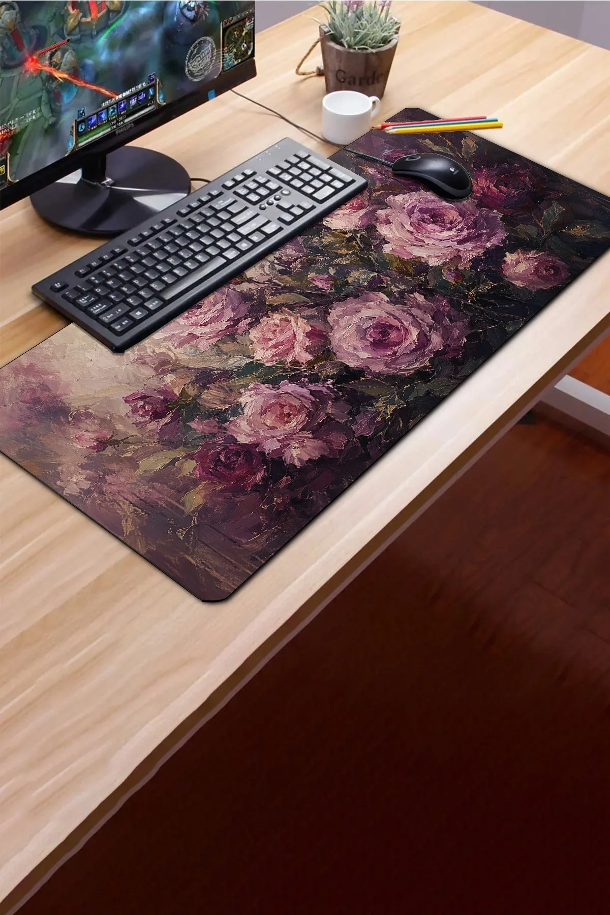 SonicTouch Klavye Mousepad 40x90cm Gece Gülleri Dikişsiz Pürüzsüz Sıvı Geçirmez Kaymaz Taban