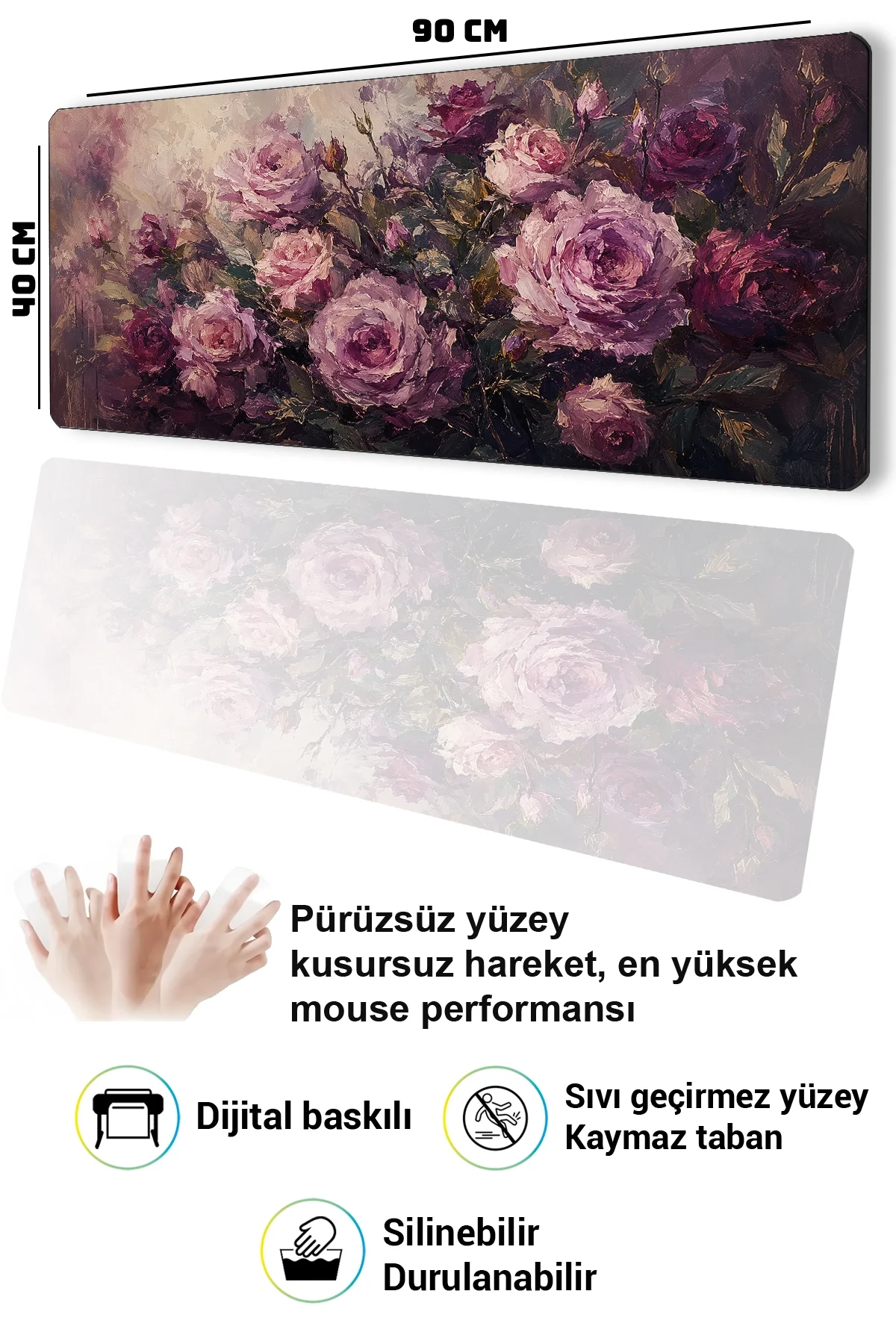 SonicTouch Klavye Mousepad 40x90cm Gece Gülleri Dikişsiz Pürüzsüz Sıvı Geçirmez Kaymaz Taban