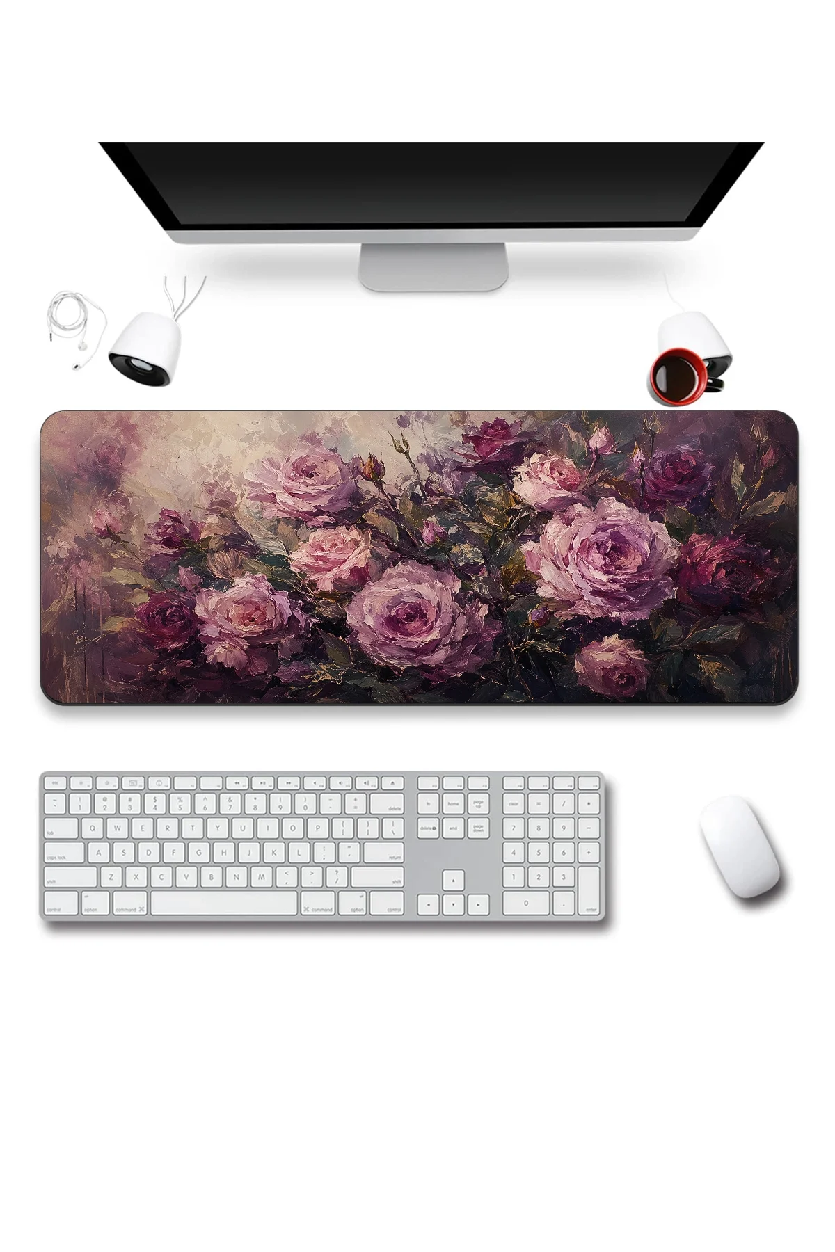 SonicTouch Klavye Mousepad 40x90cm Gece Gülleri Dikişsiz Pürüzsüz Sıvı Geçirmez Kaymaz Taban