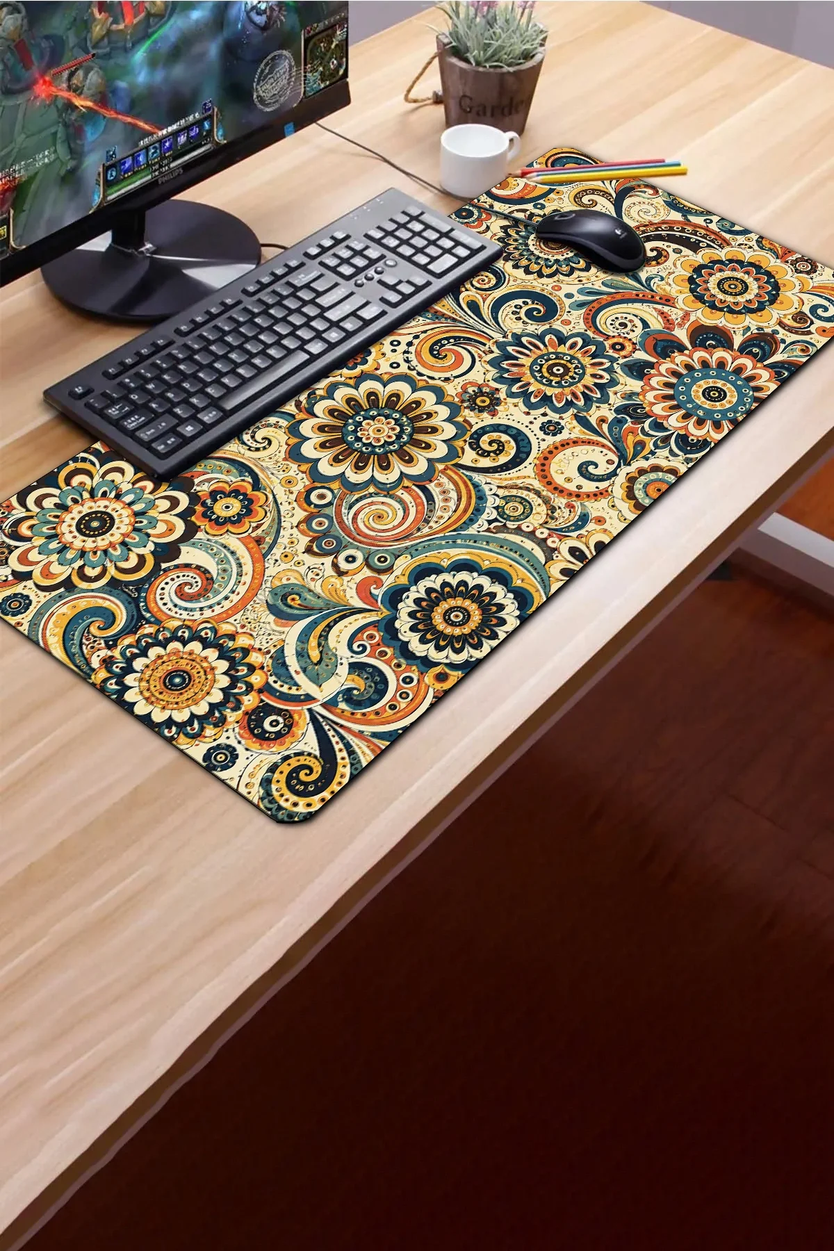 SonicTouch Klavye Mousepad 40x90cm Retro Çiçek Rüyası Pürüzsüz Sıvı Geçirmez Kaymaz Taban