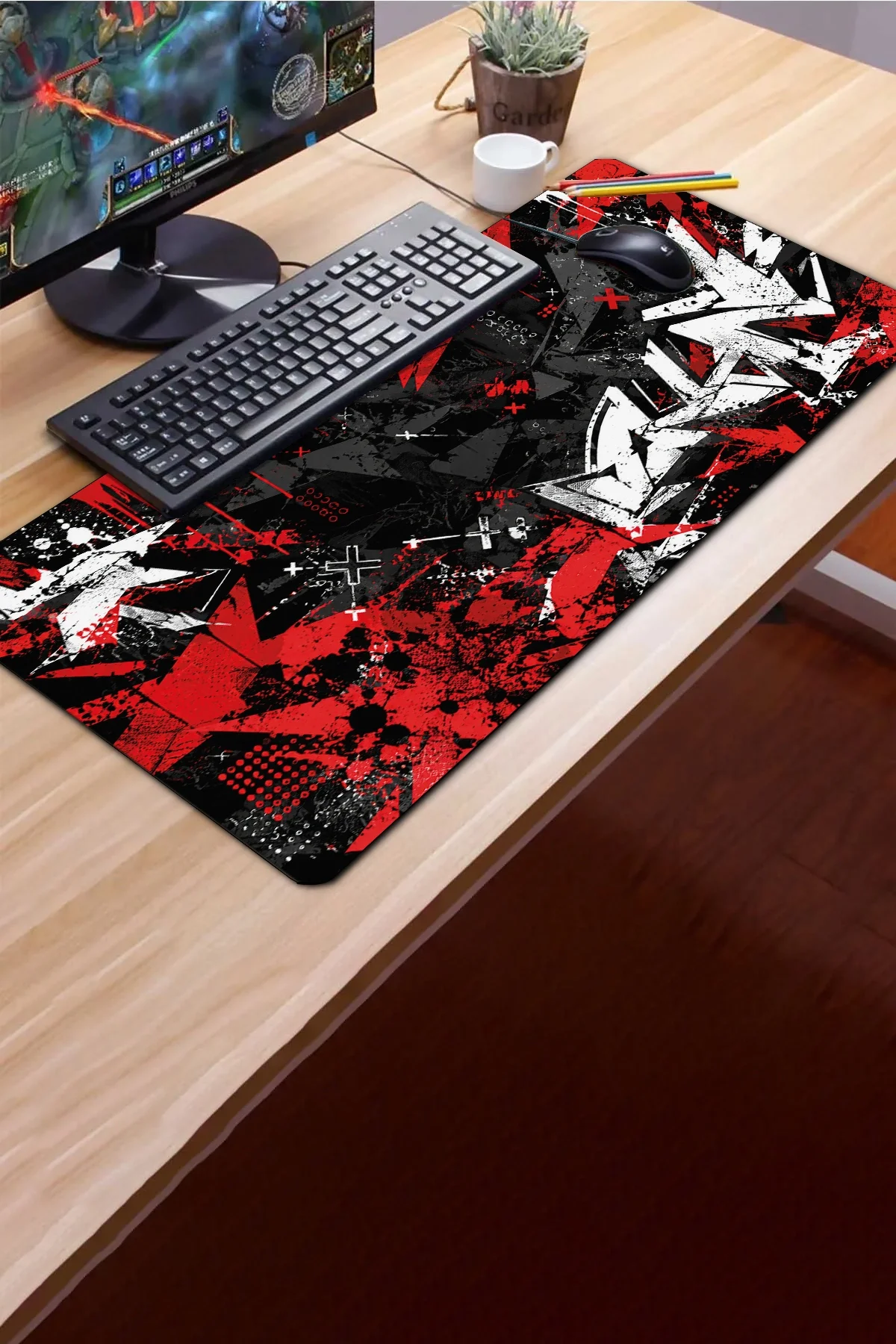 SonicTouch Klavye Mousepad 40x90cm Kızıl Kaos Dikişsiz Pürüzsüz Sıvı Geçirmez Kaymaz Taban