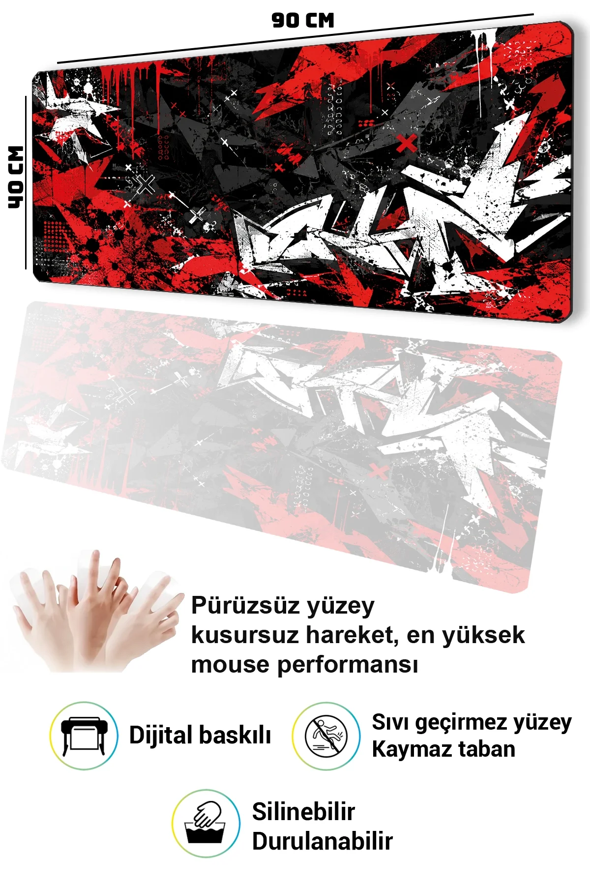 SonicTouch Klavye Mousepad 40x90cm Kızıl Kaos Dikişsiz Pürüzsüz Sıvı Geçirmez Kaymaz Taban