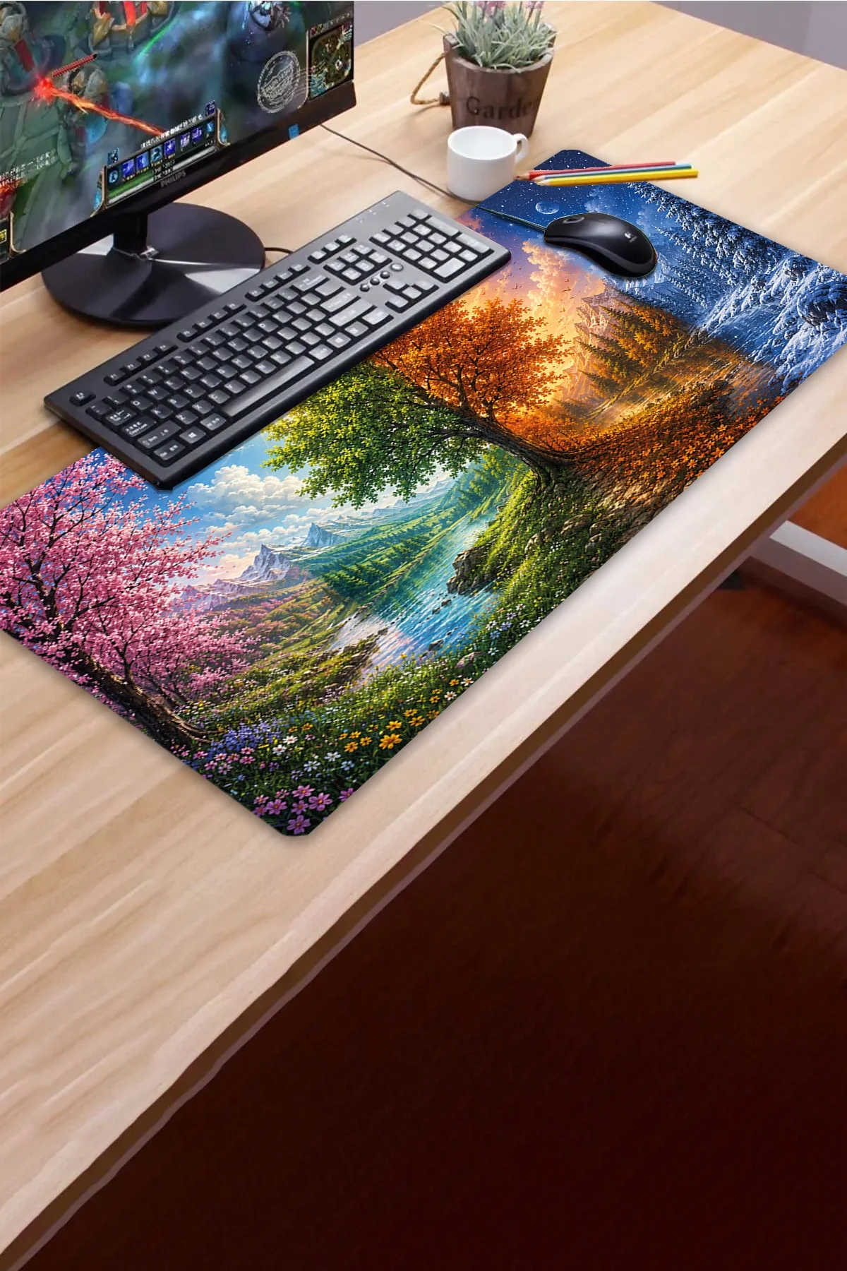 SonicTouch Klavye Mousepad 40x90cm Dört Mevsim Vadisi Dikişsiz Pürüzsüz Sıvı Geçirmez Kaymaz Taban