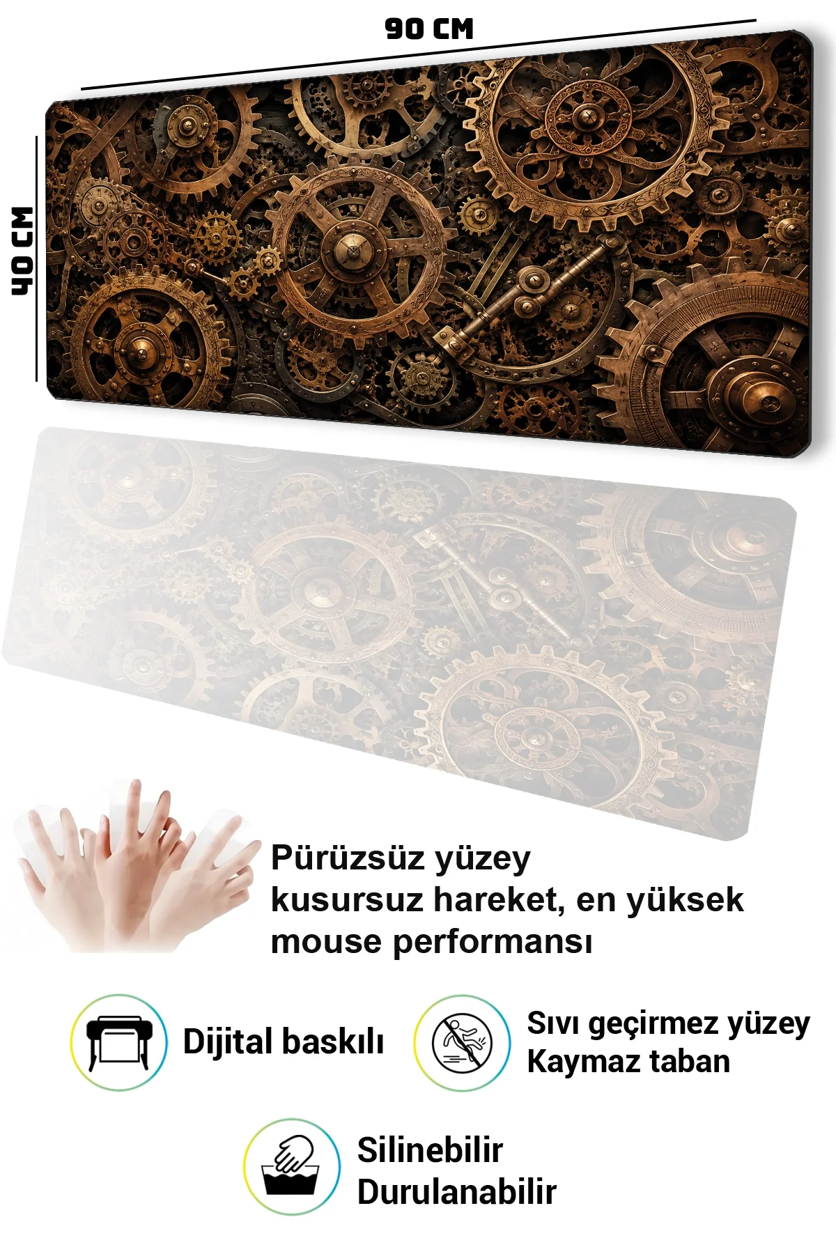 SonicTouch Klavye Mousepad 40x90cm Bronz Çarklar Dikişsiz Pürüzsüz Sıvı Geçirmez Kaymaz Taban