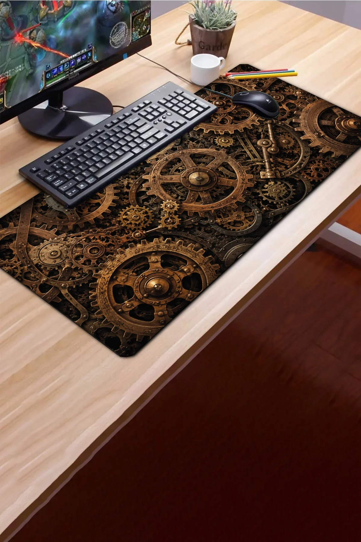 SonicTouch Klavye Mousepad 40x90cm Bronz Çarklar Dikişsiz Pürüzsüz Sıvı Geçirmez Kaymaz Taban