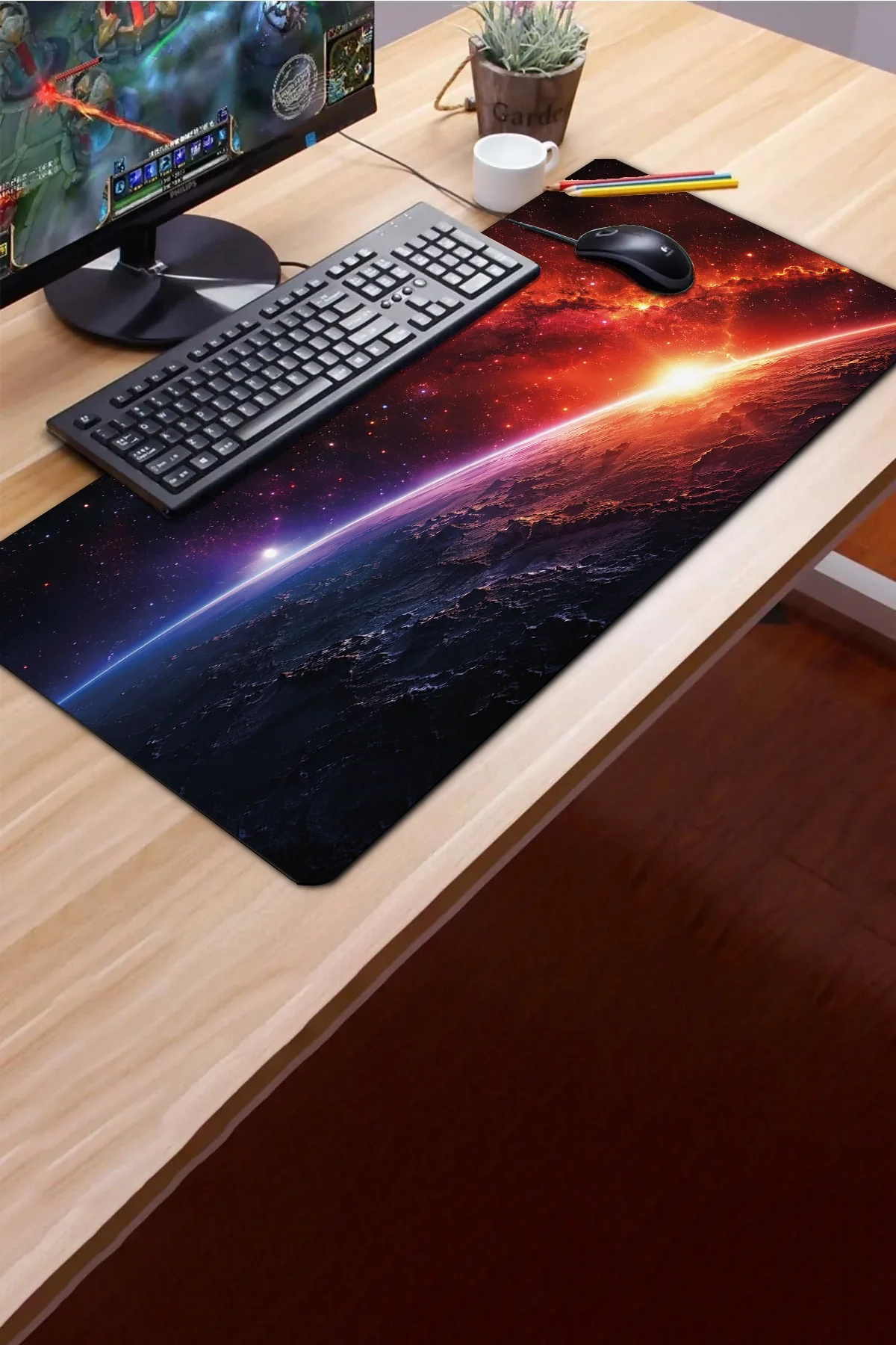 SonicTouch Klavye Mousepad 40x90cm Galaktik Gün Doğumu Dikişsiz Pürüzsüz Sıvı Geçirmez Kaymaz Taban