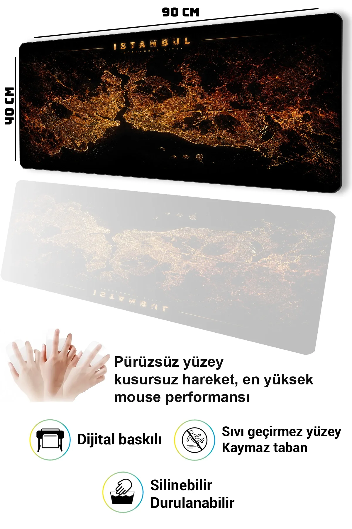 SonicTouch Klavye Mousepad 40x90cm istanbul Gece Haritası Pürüzsüz Sıvı Geçirmez Kaymaz Taban