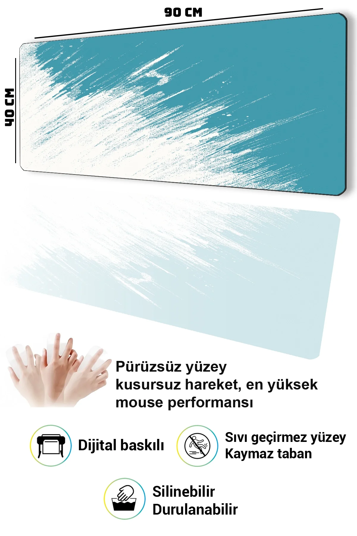 SonicTouch Klavye Mousepad 40x90cm Turkuaz Geçiş Dikişsiz Pürüzsüz Sıvı Geçirmez Kaymaz Taban