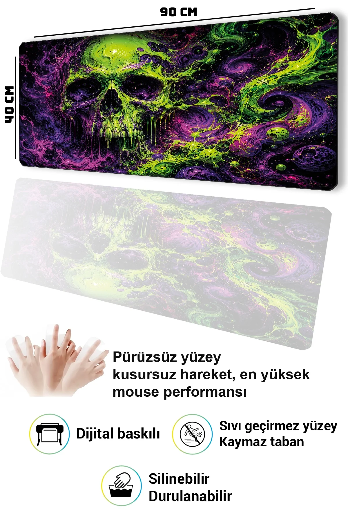 SonicTouch Klavye Mousepad 40x90cm Toxic Skull Dikişsiz Pürüzsüz Sıvı Geçirmez Kaymaz Taban