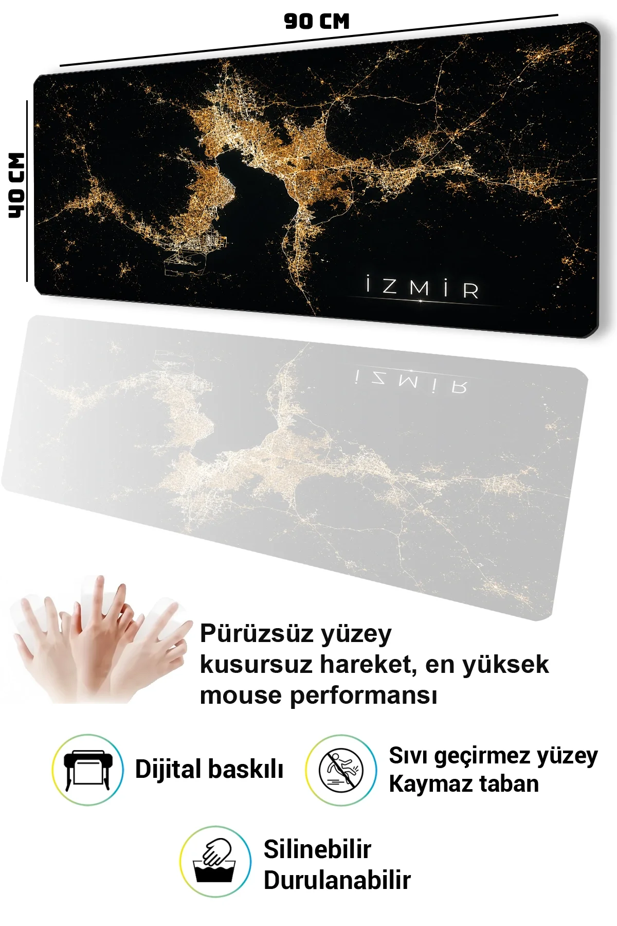 SonicTouch Klavye Mousepad 40x90cm izmir Gece Haritası Dikişsiz Pürüzsüz Sıvı Geçirmez Kaymaz Taban
