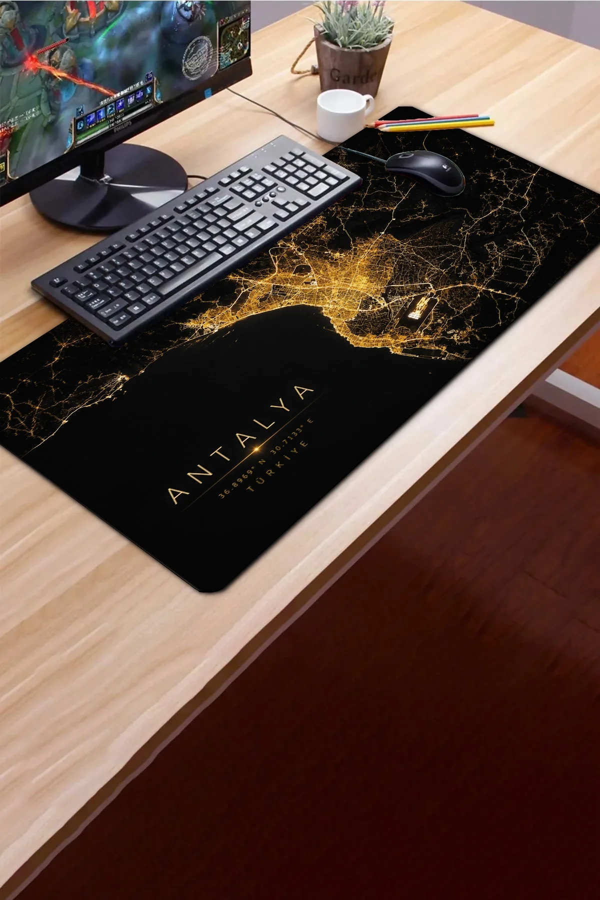 SonicTouch Klavye Mousepad 40x90cm Antalya Gece Haritası Pürüzsüz Sıvı Geçirmez Kaymaz Taban