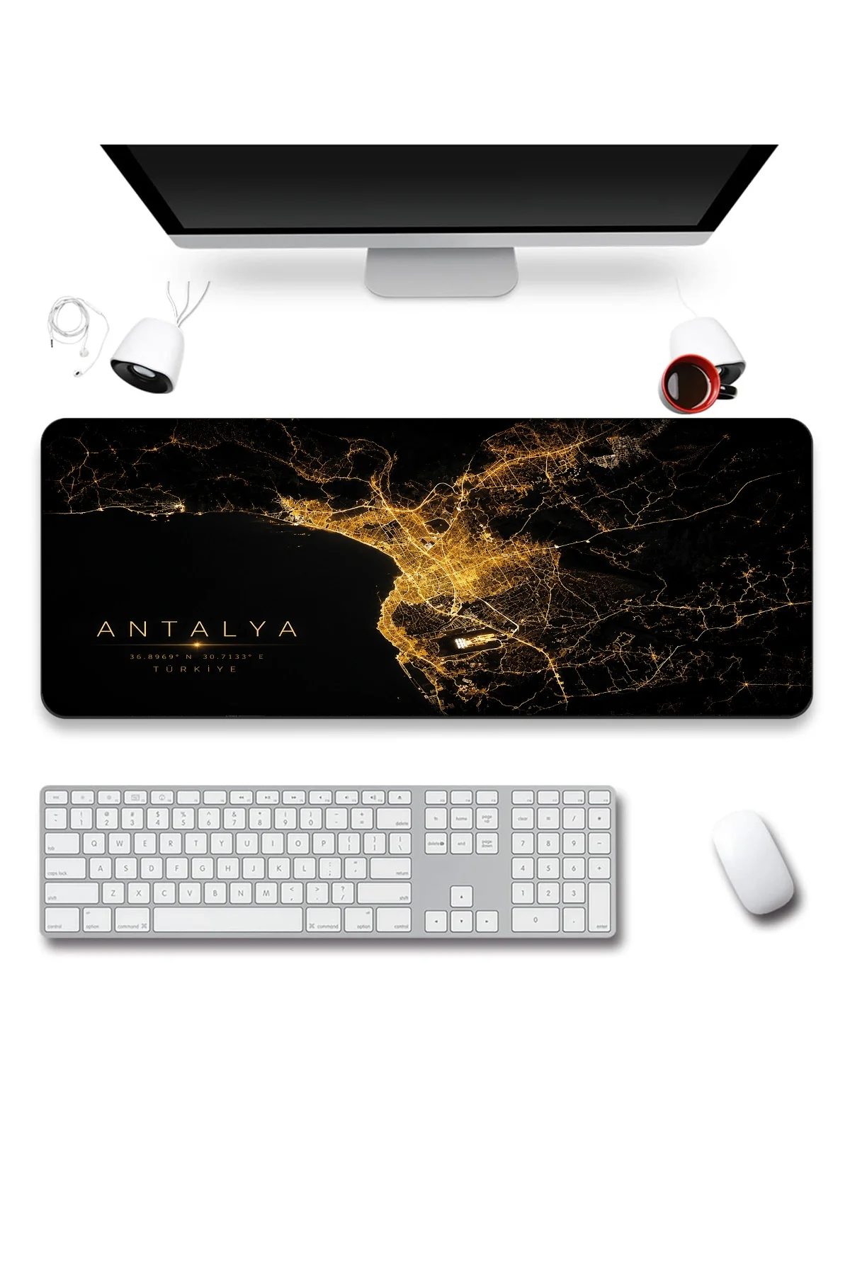 SonicTouch Klavye Mousepad 40x90cm Antalya Gece Haritası Pürüzsüz Sıvı Geçirmez Kaymaz Taban