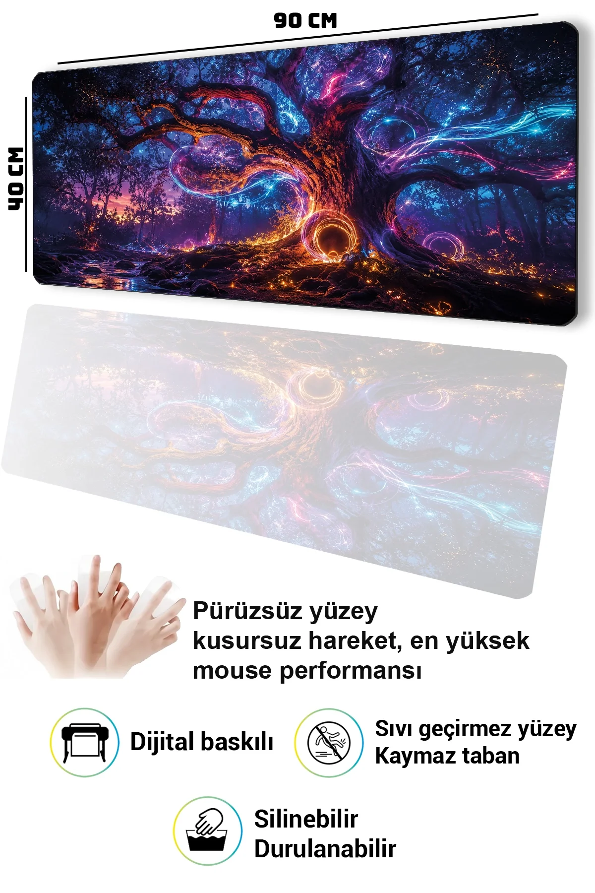 SonicTouch Klavye Mousepad 40x90cm Neon Hayat Ağacı Dikişsiz Pürüzsüz Sıvı Geçirmez Kaymaz Taban