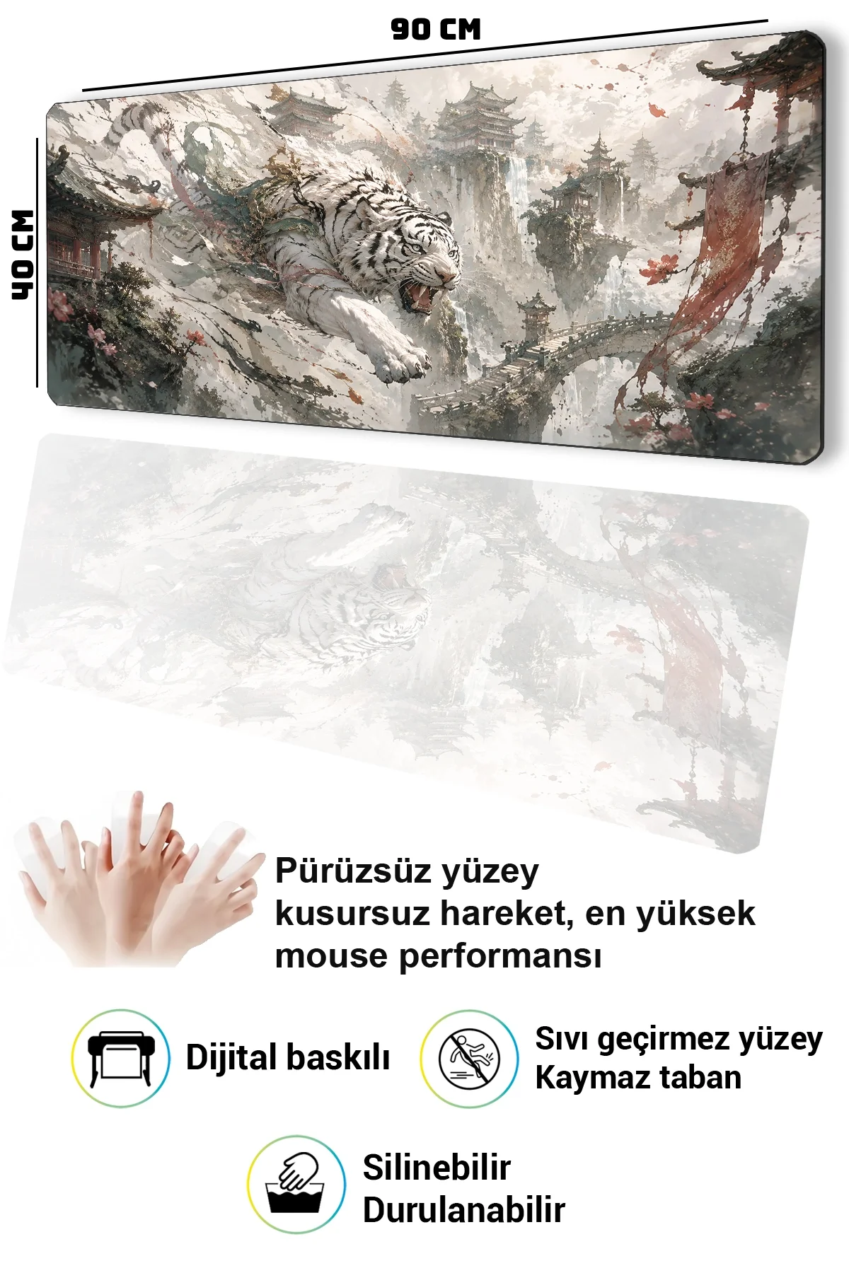 SonicTouch Klavye Mousepad 40x90cm Beyaz Kaplan Tapınağı Pürüzsüz Sıvı Geçirmez Kaymaz Taban