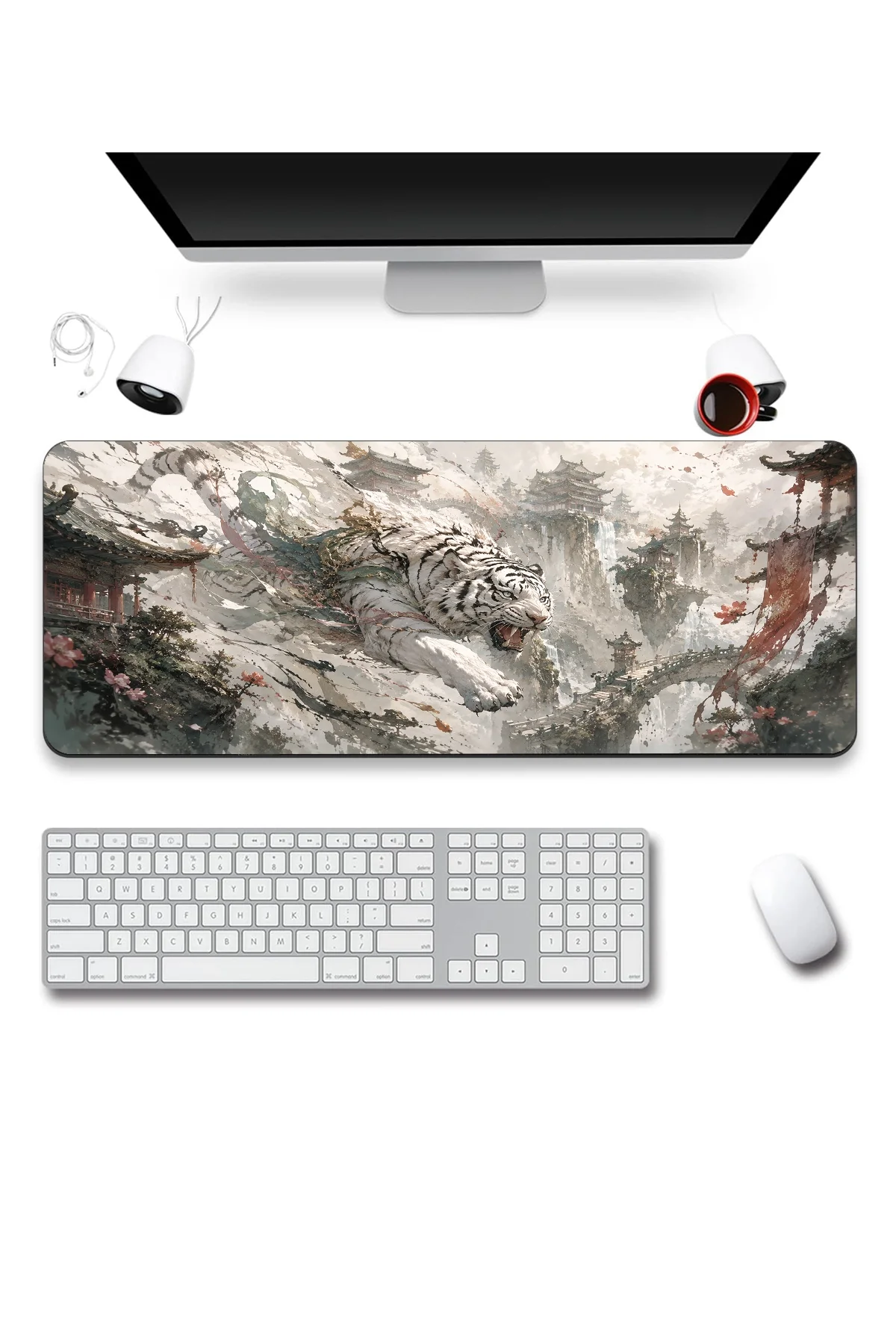 SonicTouch Klavye Mousepad 40x90cm Beyaz Kaplan Tapınağı Pürüzsüz Sıvı Geçirmez Kaymaz Taban