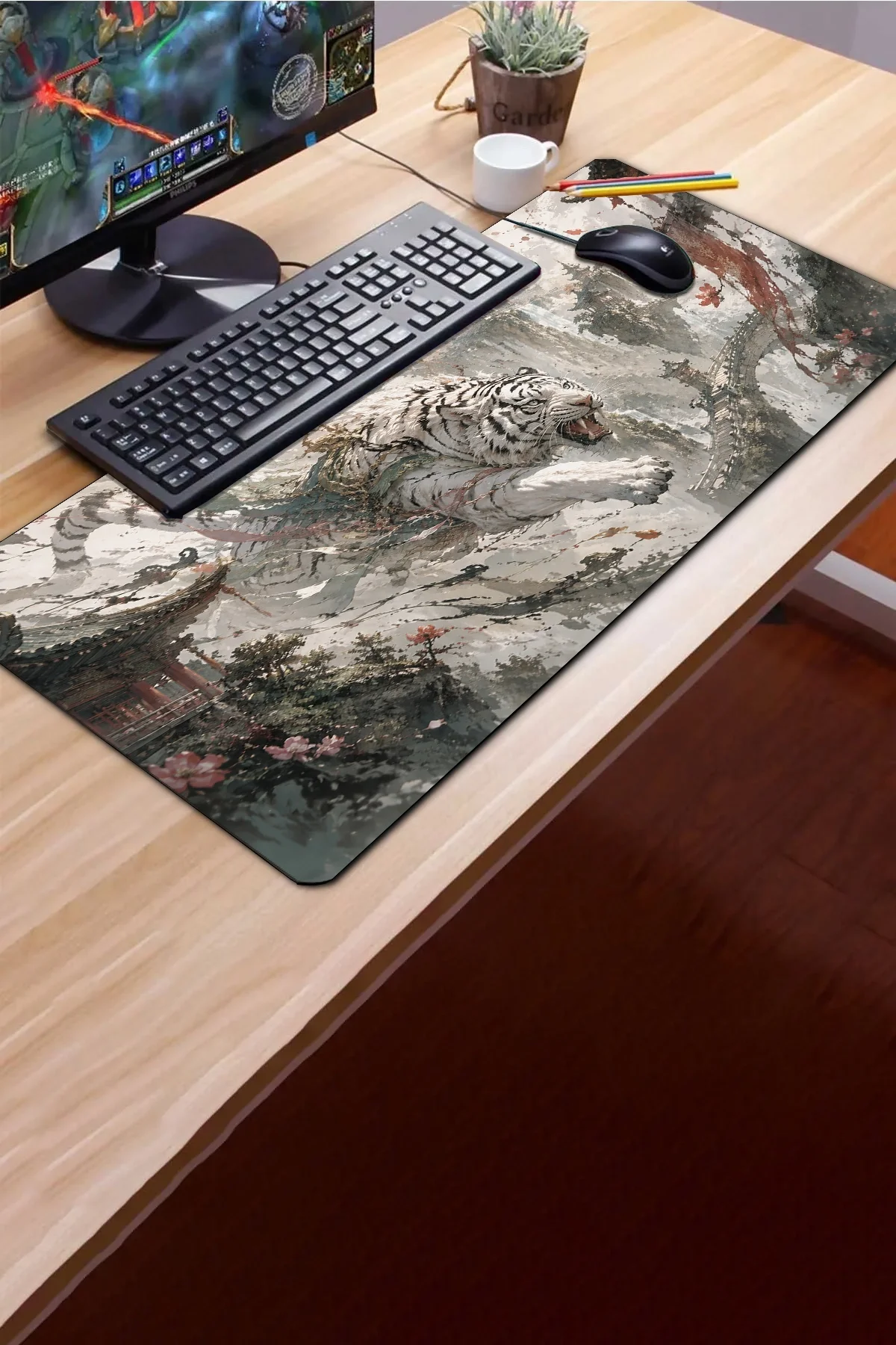 SonicTouch Klavye Mousepad 40x90cm Beyaz Kaplan Tapınağı Pürüzsüz Sıvı Geçirmez Kaymaz Taban