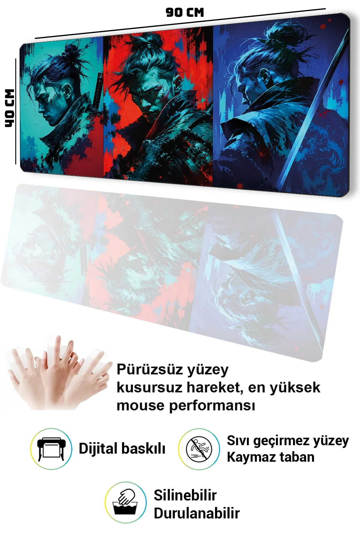 SonicTouch Klavye Mousepad 40x90cm Neon Samurai Dikişsiz Pürüzsüz Sıvı Geçirmez Kaymaz Taban