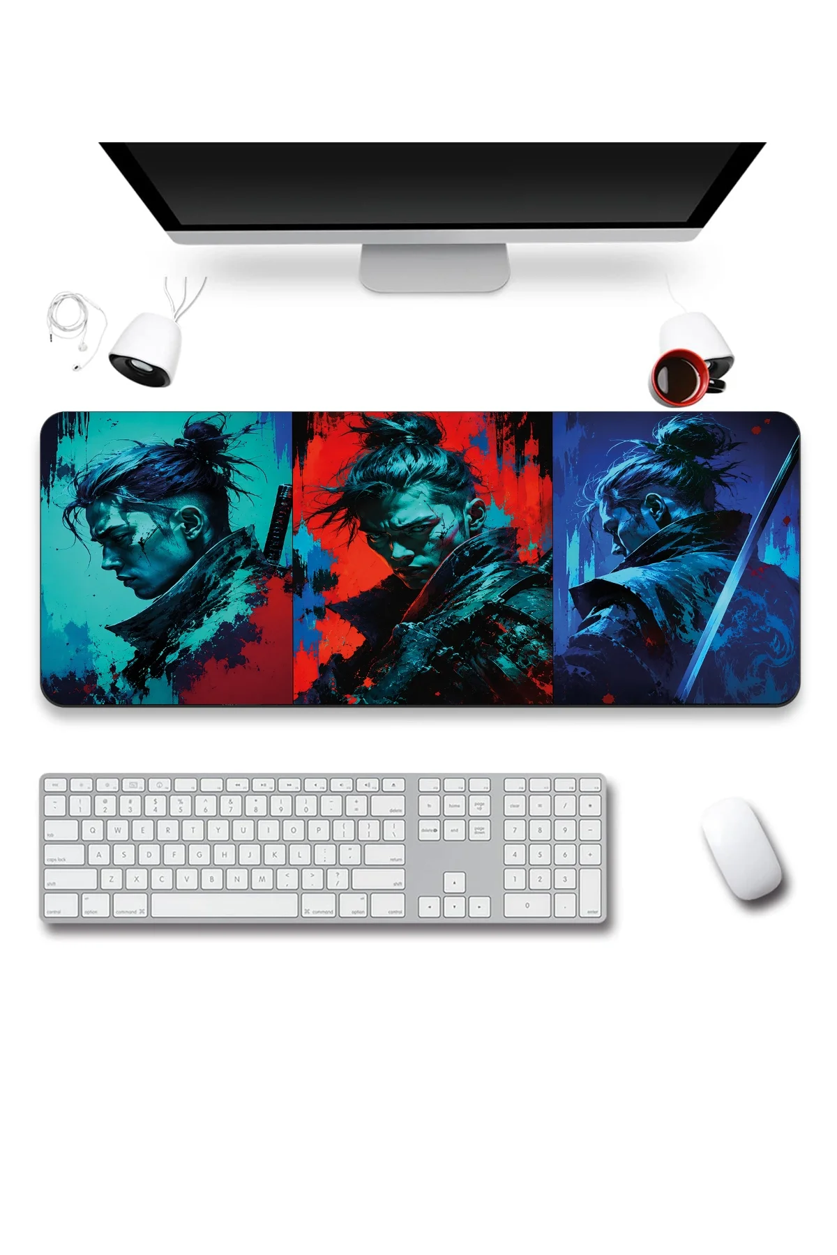 SonicTouch Klavye Mousepad 40x90cm Neon Samurai Dikişsiz Pürüzsüz Sıvı Geçirmez Kaymaz Taban