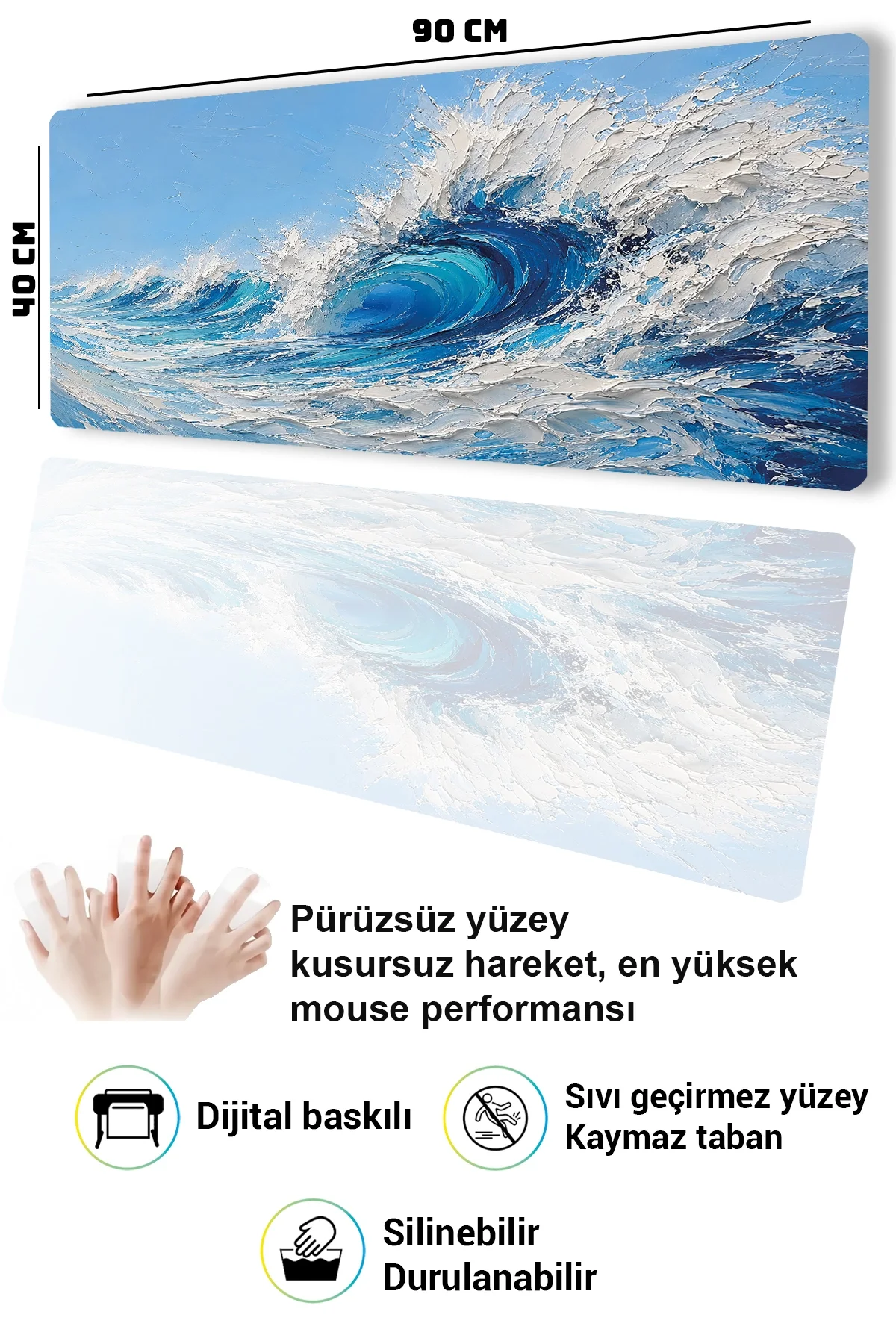 SonicTouch Klavye Mousepad 40x90cm Turkuaz Dalgalar Dikişsiz Pürüzsüz Sıvı Geçirmez Kaymaz Taban