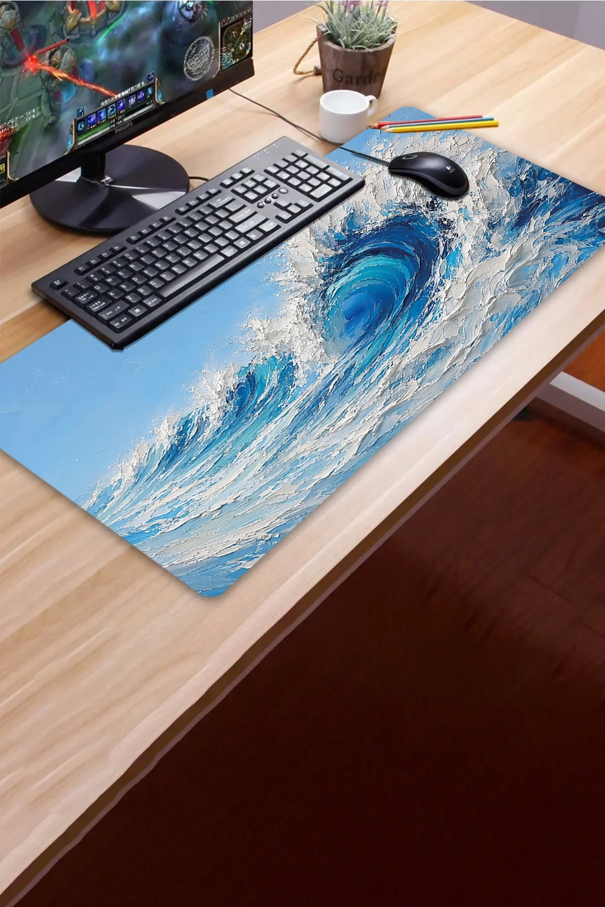 SonicTouch Klavye Mousepad 40x90cm Turkuaz Dalgalar Dikişsiz Pürüzsüz Sıvı Geçirmez Kaymaz Taban