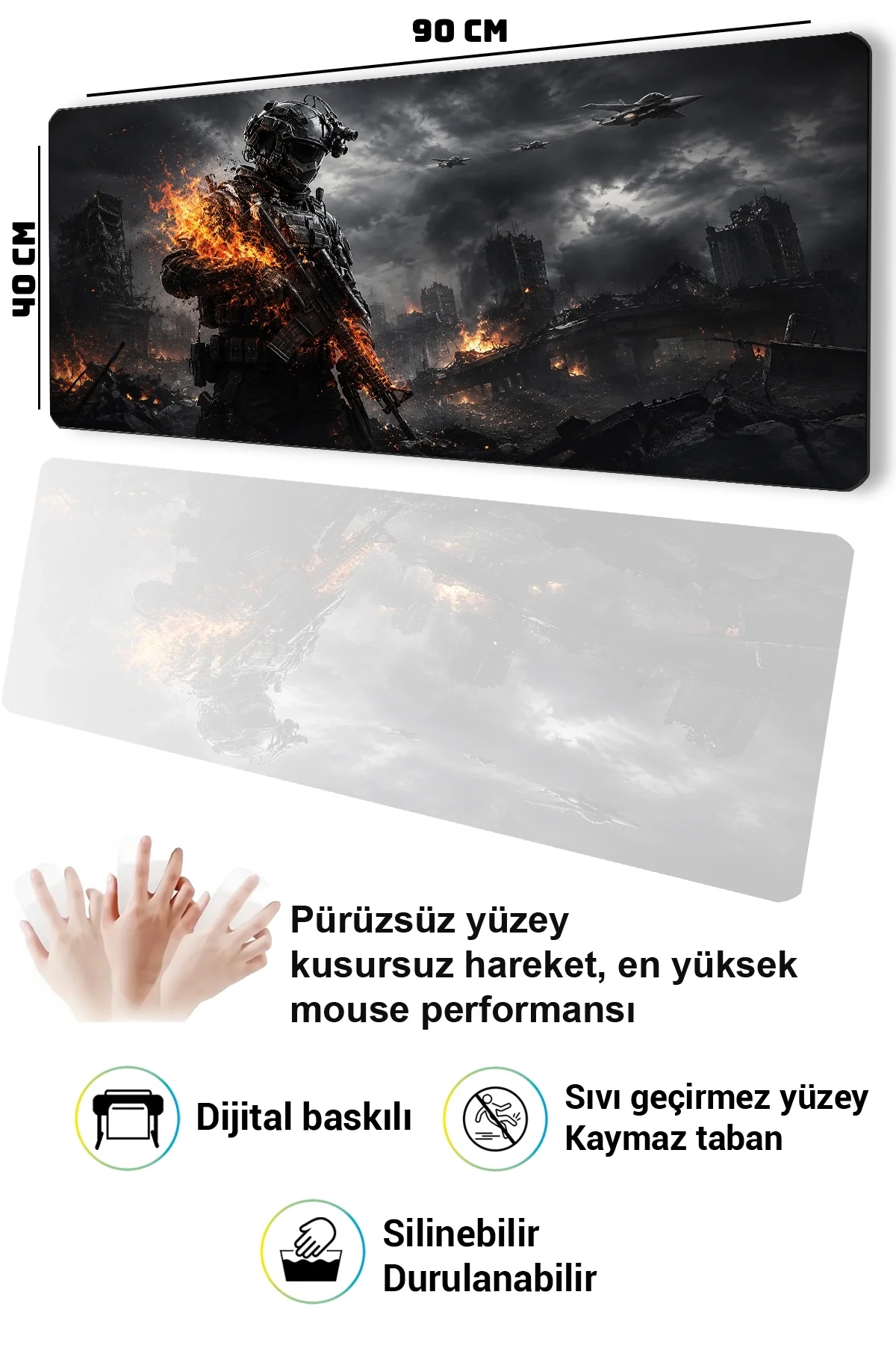 SonicTouch Klavye Mousepad 40x90cm Ateş Hattı Dikişsiz Pürüzsüz Sıvı Geçirmez Kaymaz Taban