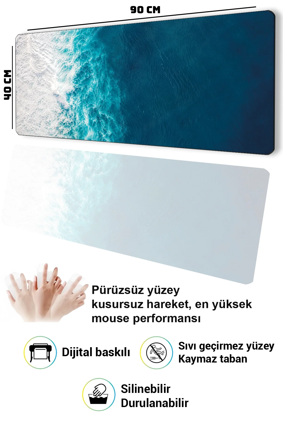 SonicTouch Klavye Mousepad 40x90cm Sonsuz Okyanus Dikişsiz Kenar Pürüzsüz Sıvı Geçirmez Kaymaz Taban