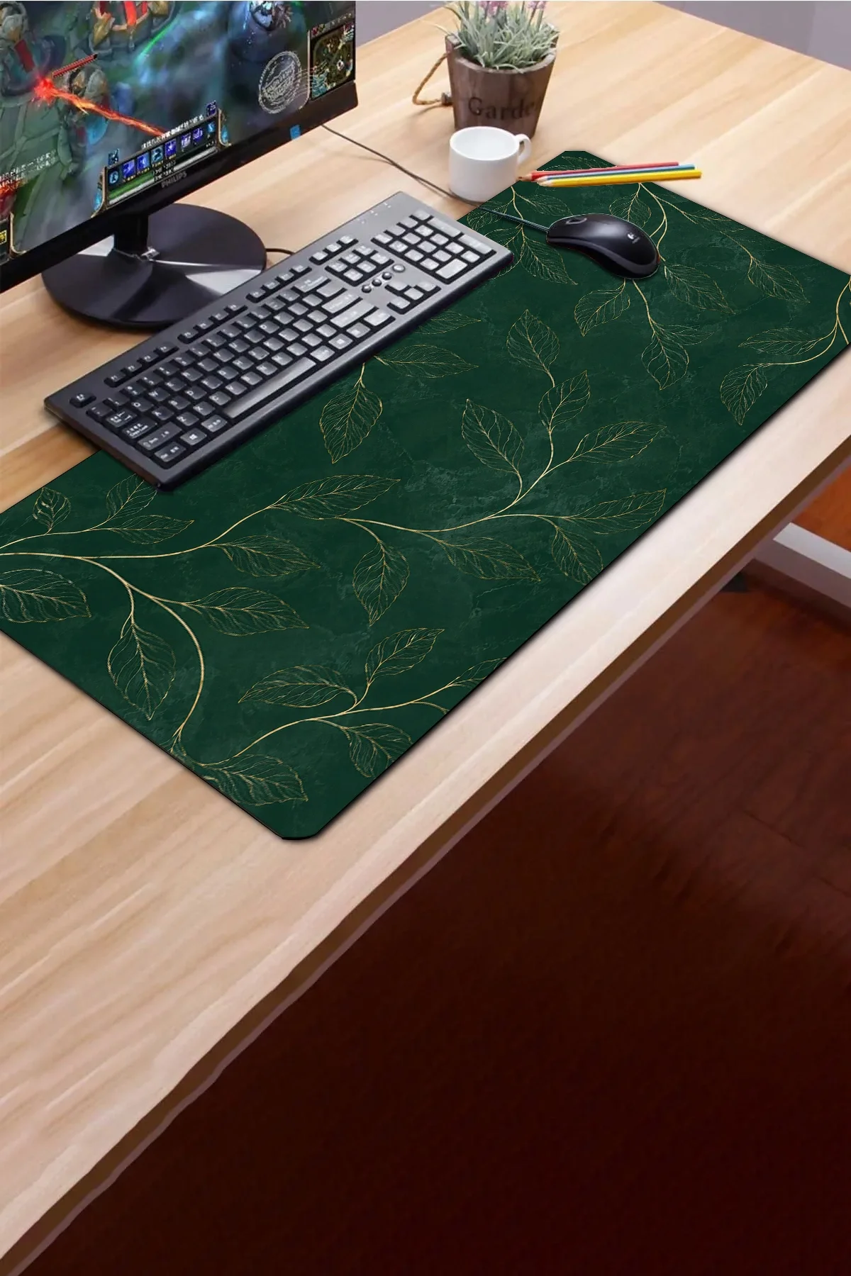 SonicTouch Klavye Mousepad 40x90cm Altın Yapraklar Dikişsiz Pürüzsüz Sıvı Geçirmez Kaymaz Taban