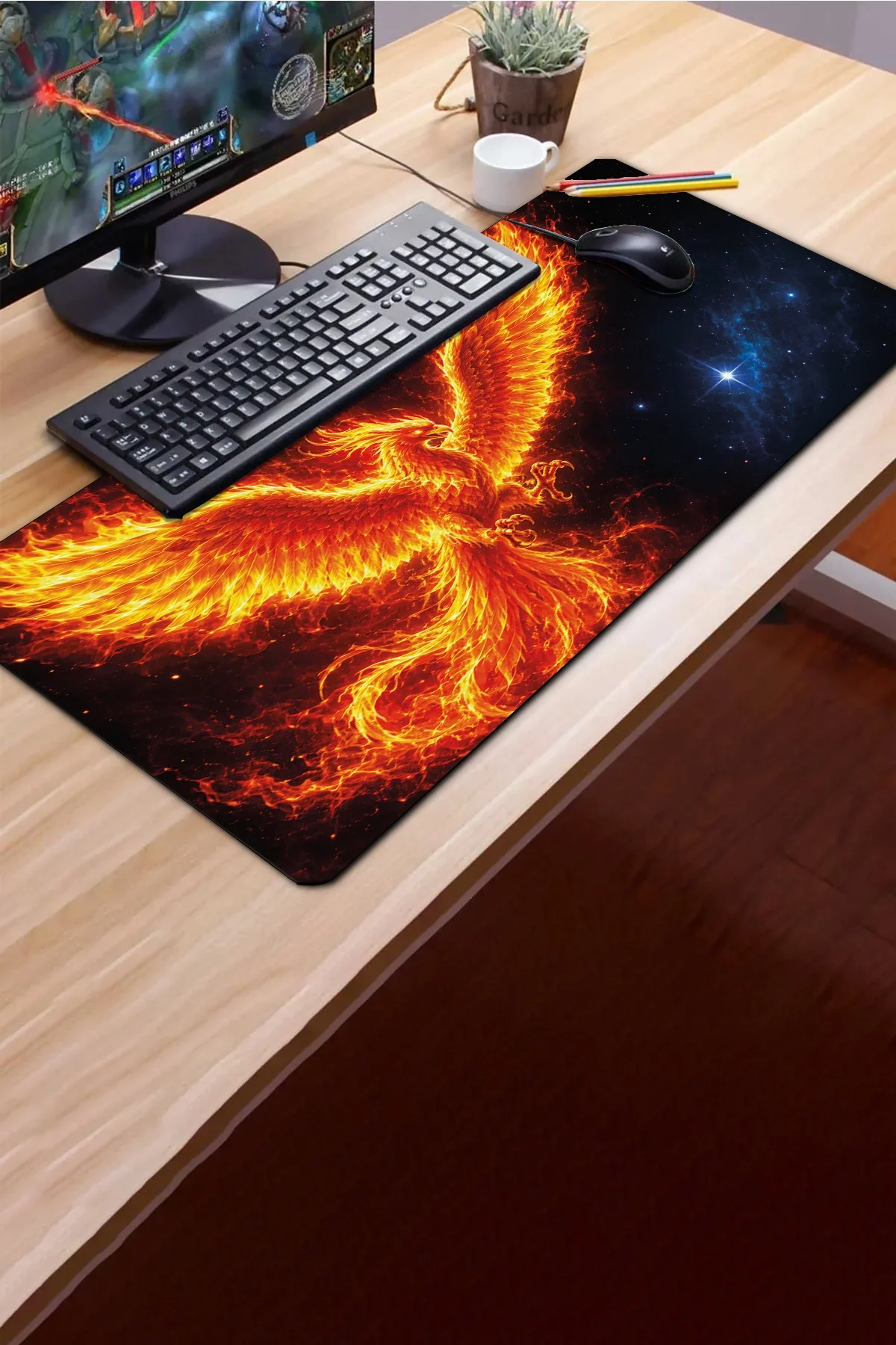 SonicTouch Klavye Mousepad 40x90cm Küllerden Yükseliş Anka Kuşu Pürüzsüz Sıvı Geçirmez Kaymaz Taban