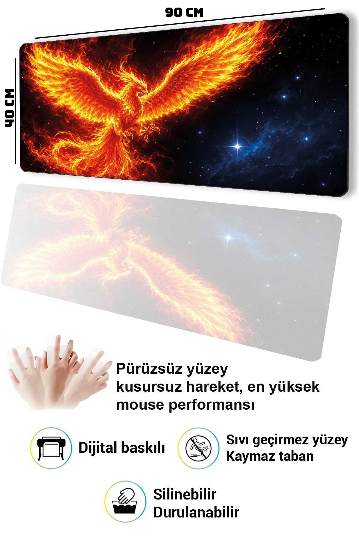 SonicTouch Klavye Mousepad 40x90cm Küllerden Yükseliş Anka Kuşu Pürüzsüz Sıvı Geçirmez Kaymaz Taban