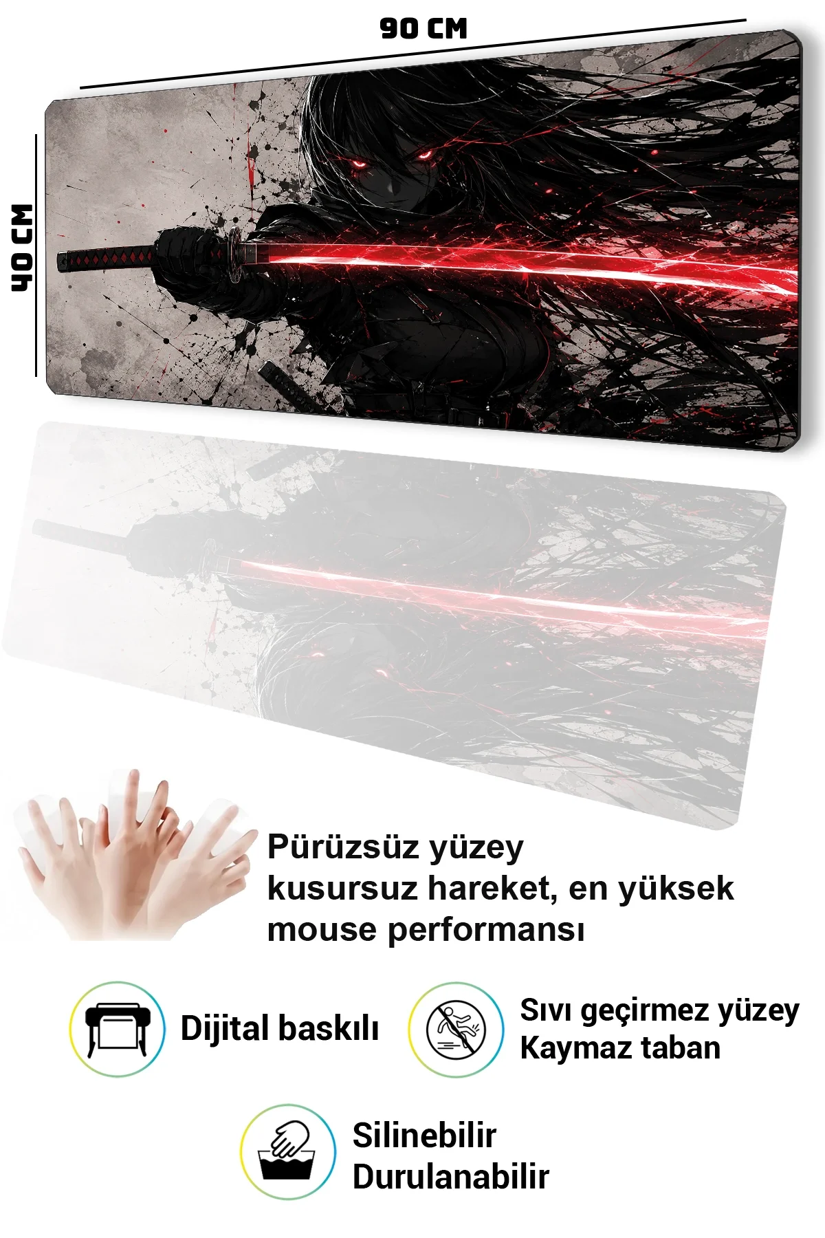 SonicTouch Klavye Mousepad 40x90cm Kızıl Katana Dikişsiz Pürüzsüz Sıvı Geçirmez Kaymaz Taban