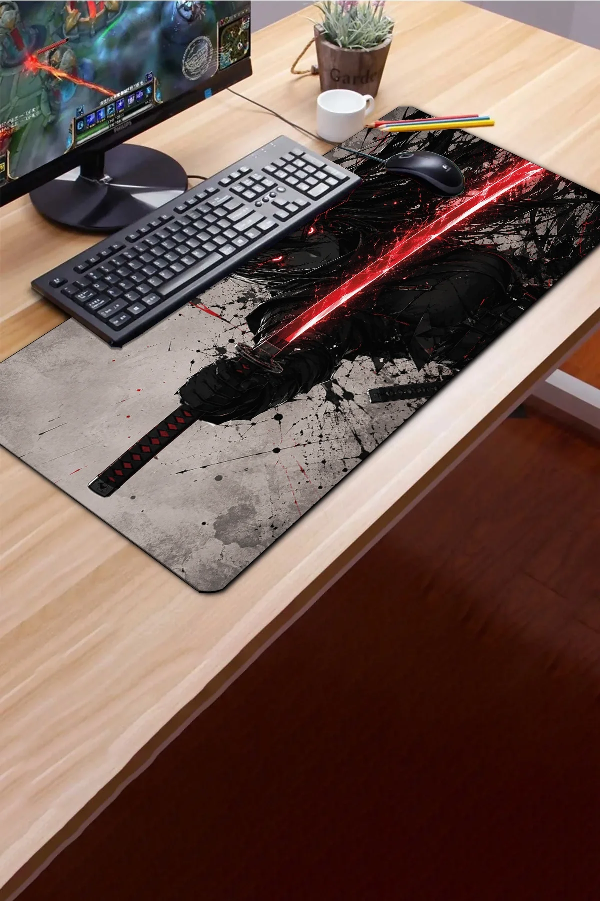 SonicTouch Klavye Mousepad 40x90cm Kızıl Katana Dikişsiz Pürüzsüz Sıvı Geçirmez Kaymaz Taban