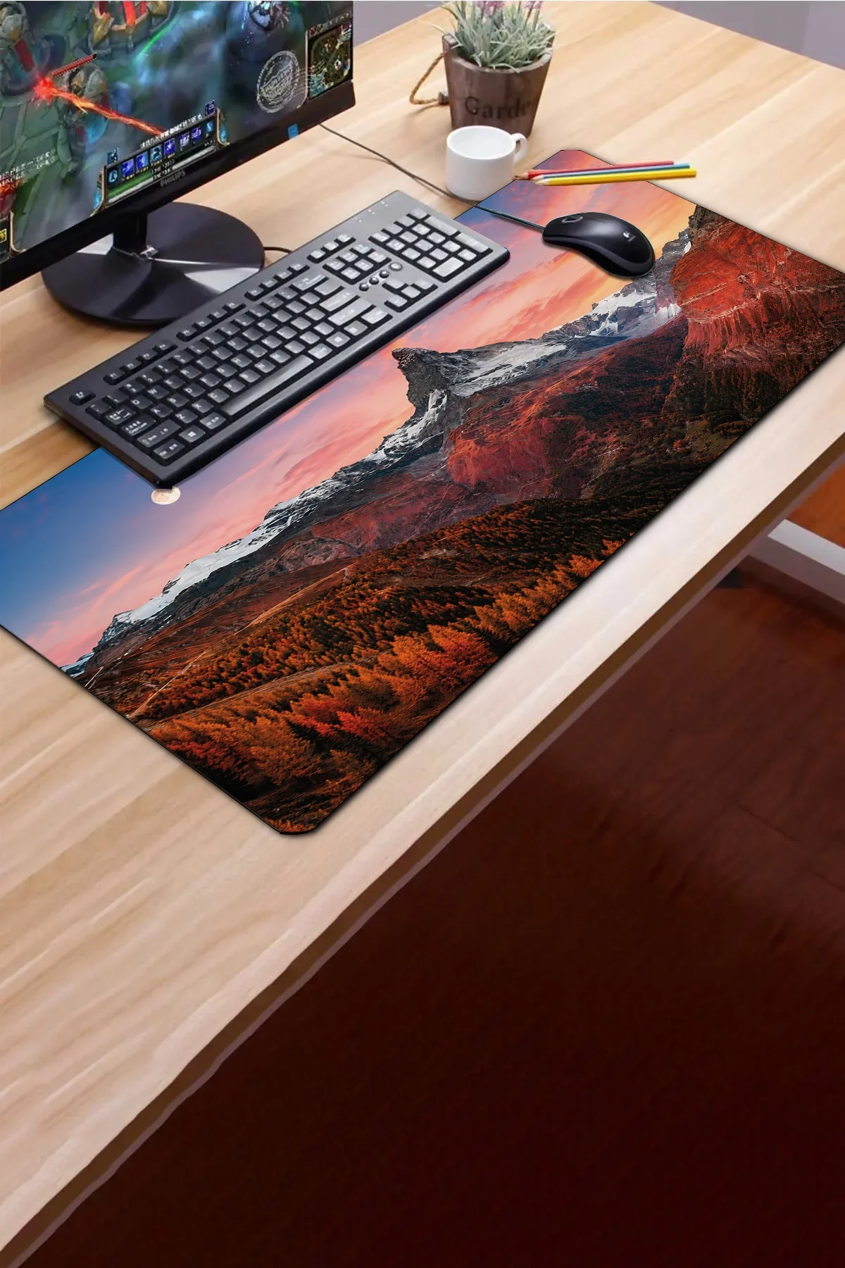SonicTouch Klavye Mousepad 40x90cm Kızıl Dağlar Dikişsiz Pürüzsüz Sıvı Geçirmez Kaymaz Taban