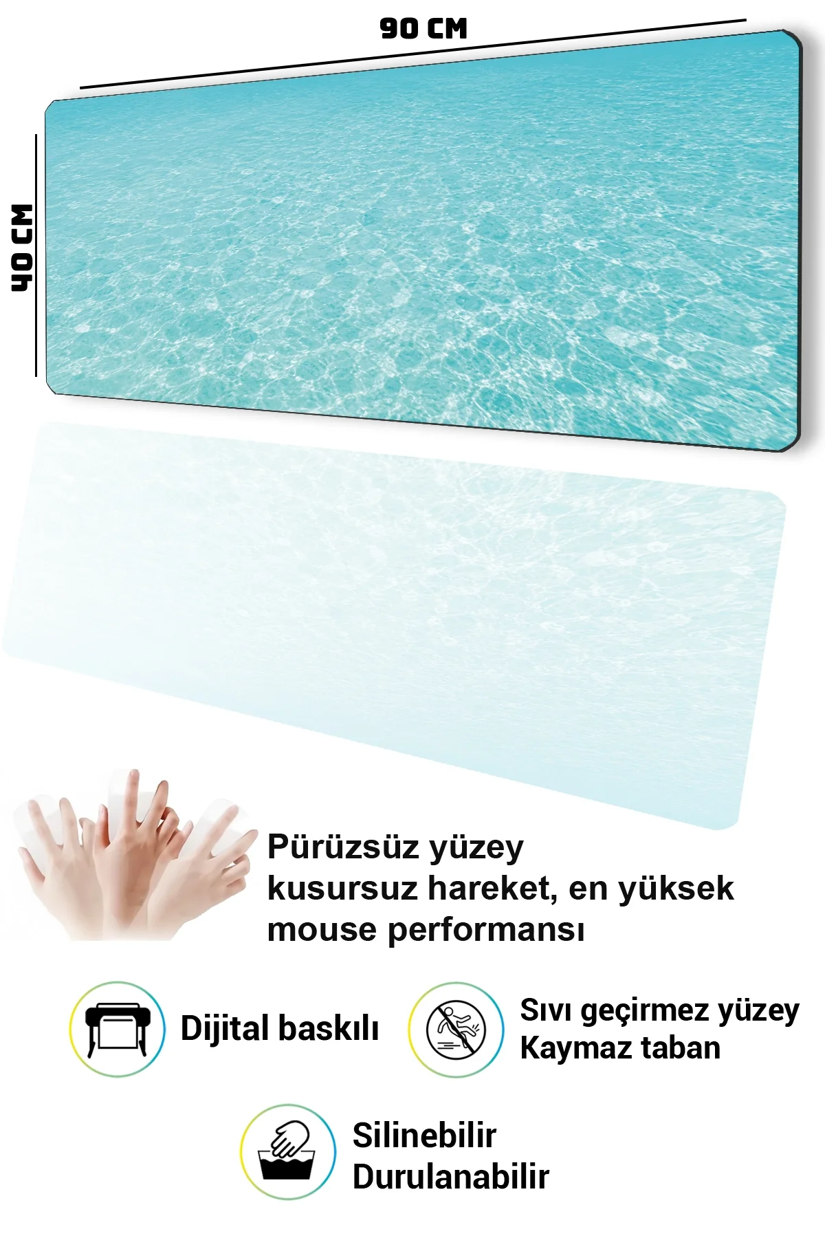 SonicTouch Klavye Mousepad 40x90cm Mavi Huzur Dikişsiz Kenar Pürüzsüz Sıvı Geçirmez Kaymaz Taban