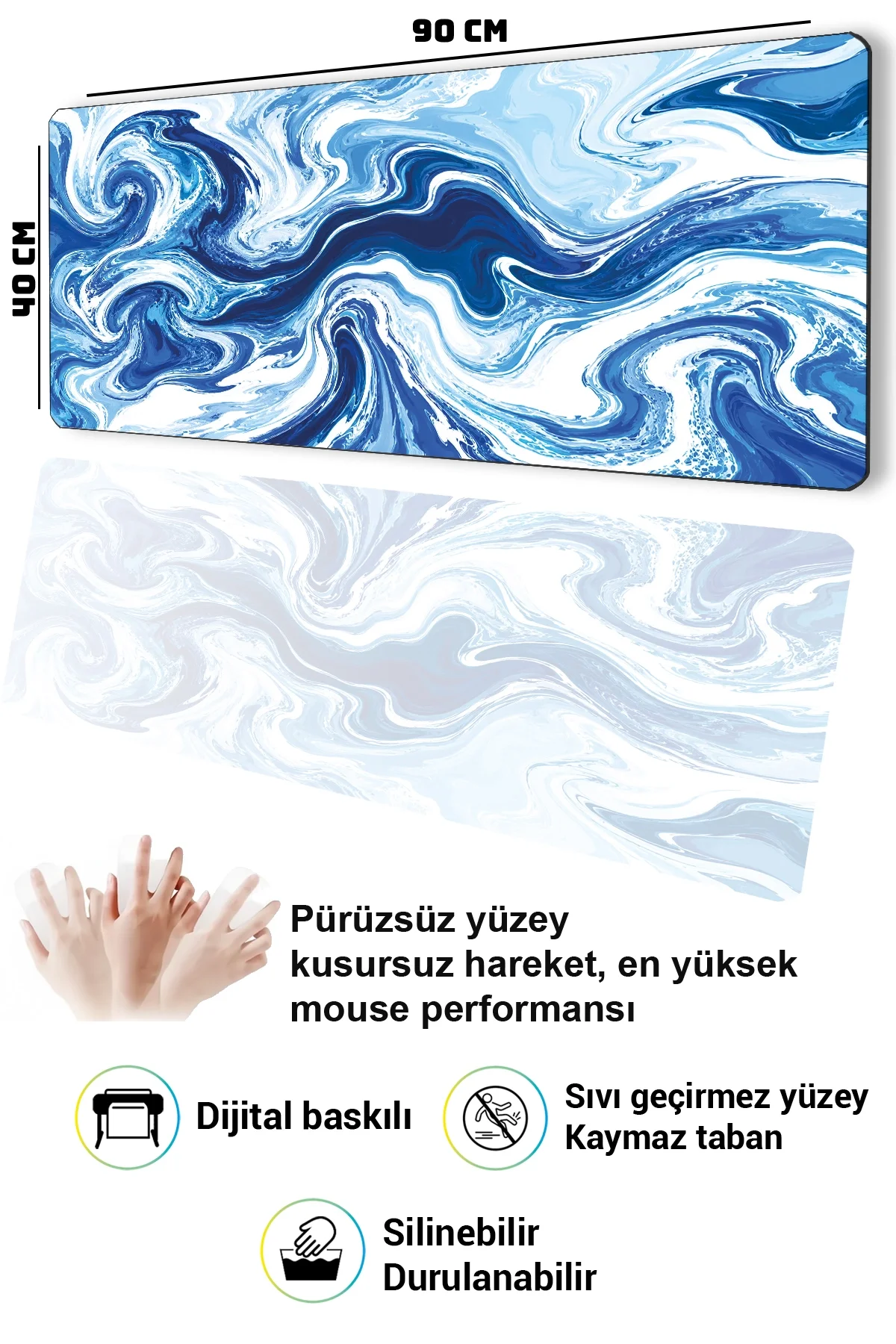 SonicTouch Klavye Mousepad 40x90cm Buzul Girdabı Dikişsiz Pürüzsüz Sıvı Geçirmez Kaymaz Taban