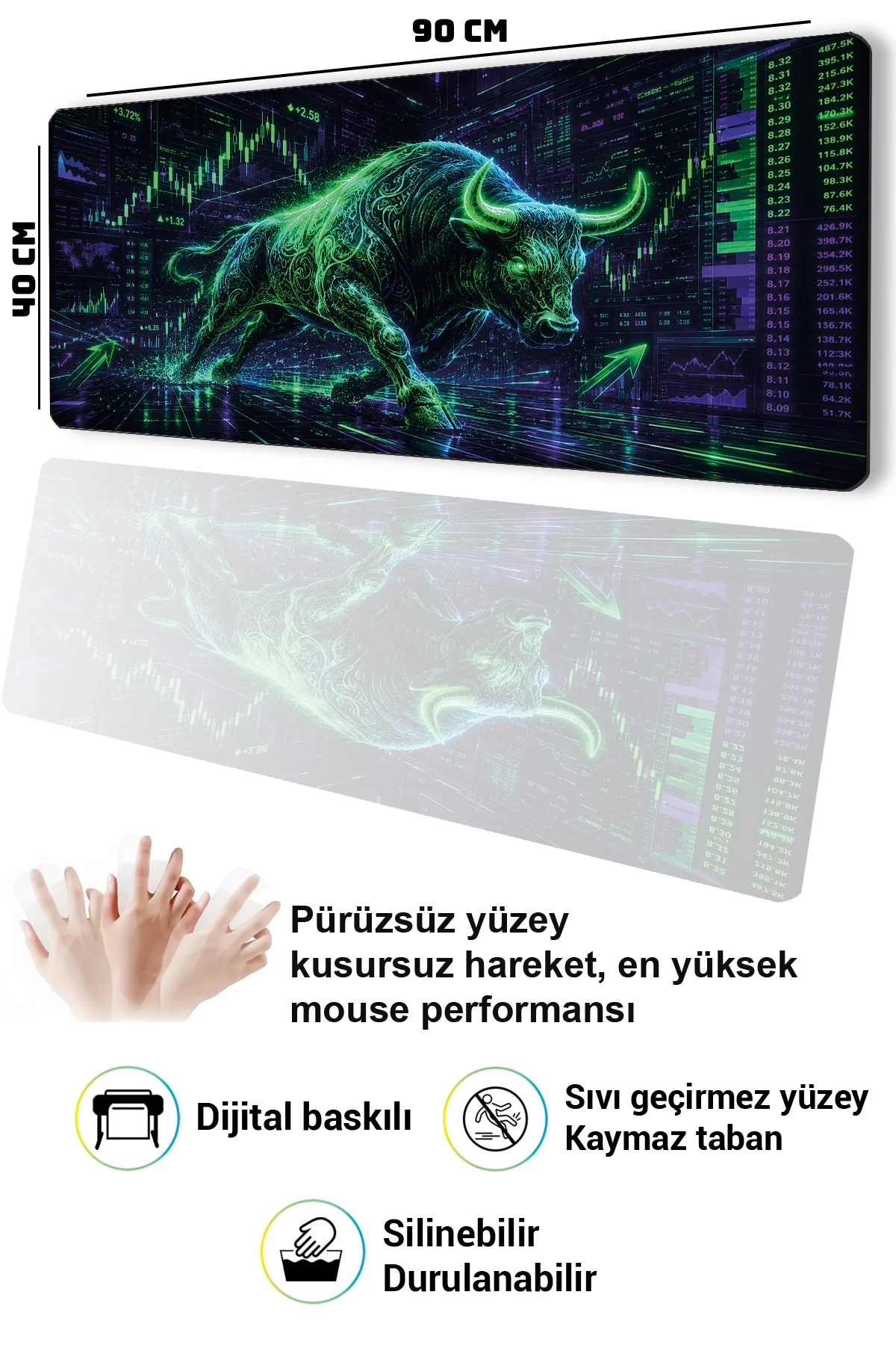 SonicTouch Klavye Mousepad 40x90cm Neon Bull Market Dikişsiz Pürüzsüz Sıvı Geçirmez Kaymaz Taban