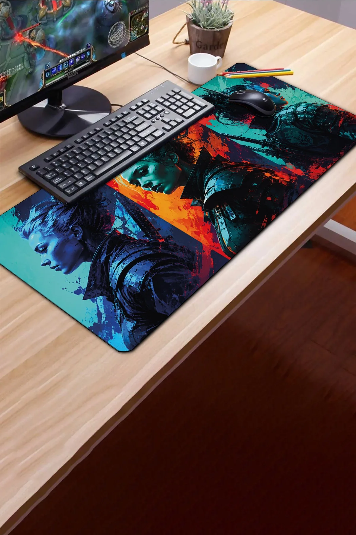 SonicTouch Klavye Mousepad 40x90cm Neon Savaşçı Dikişsiz Pürüzsüz Sıvı Geçirmez Kaymaz Taban