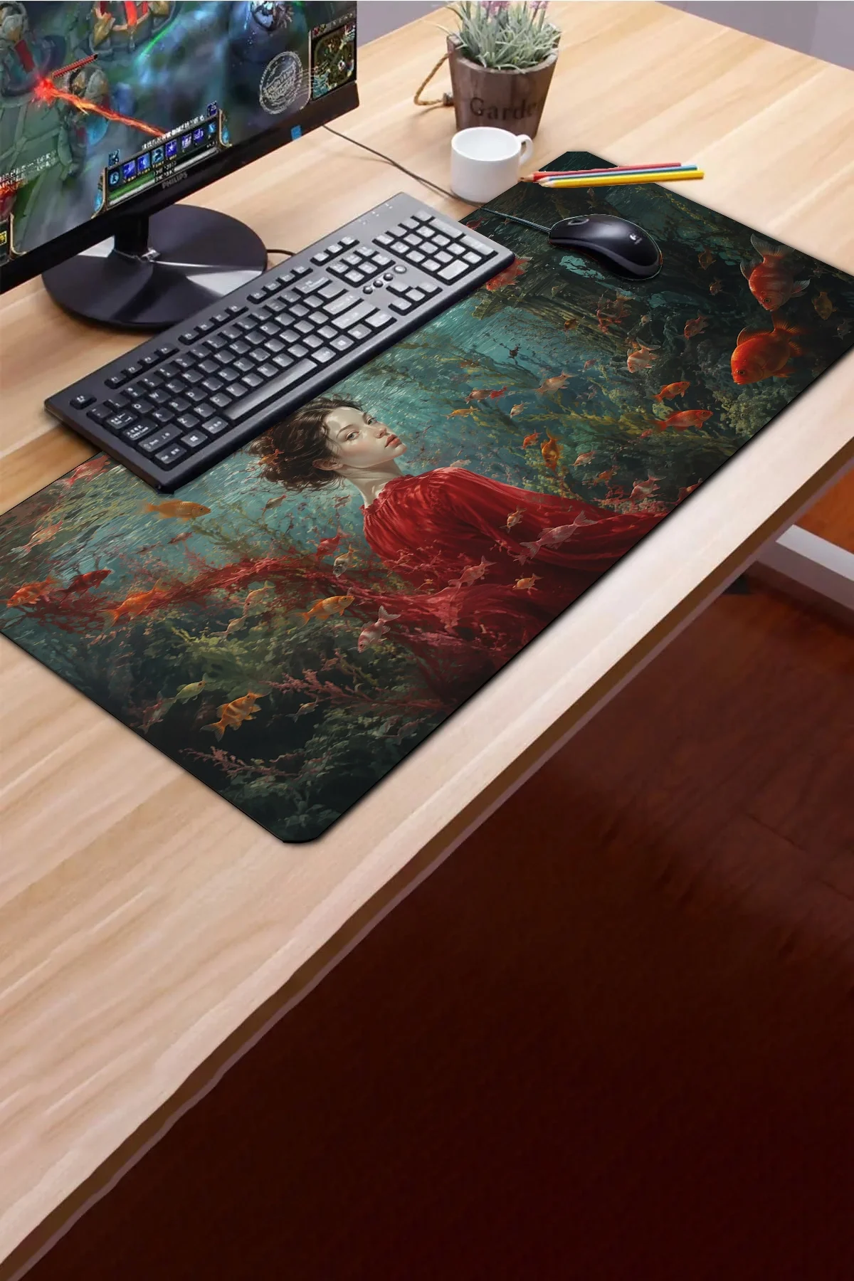 SonicTouch Klavye Mousepad 40x90cm Kızıl Akvaryum Dikişsiz Pürüzsüz Sıvı Geçirmez Kaymaz Taban