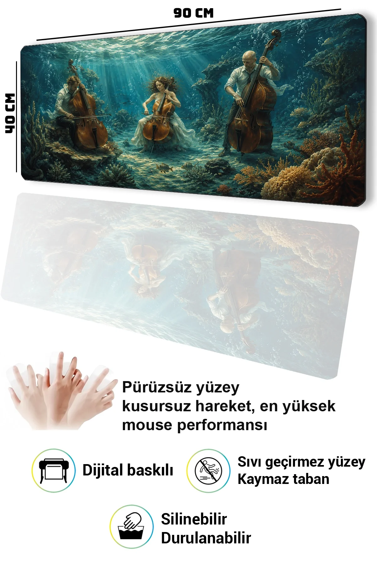 SonicTouch Klavye Mousepad 40x90cm Okyanus Senfonisi Dikişsiz Pürüzsüz Sıvı Geçirmez Kaymaz Taban