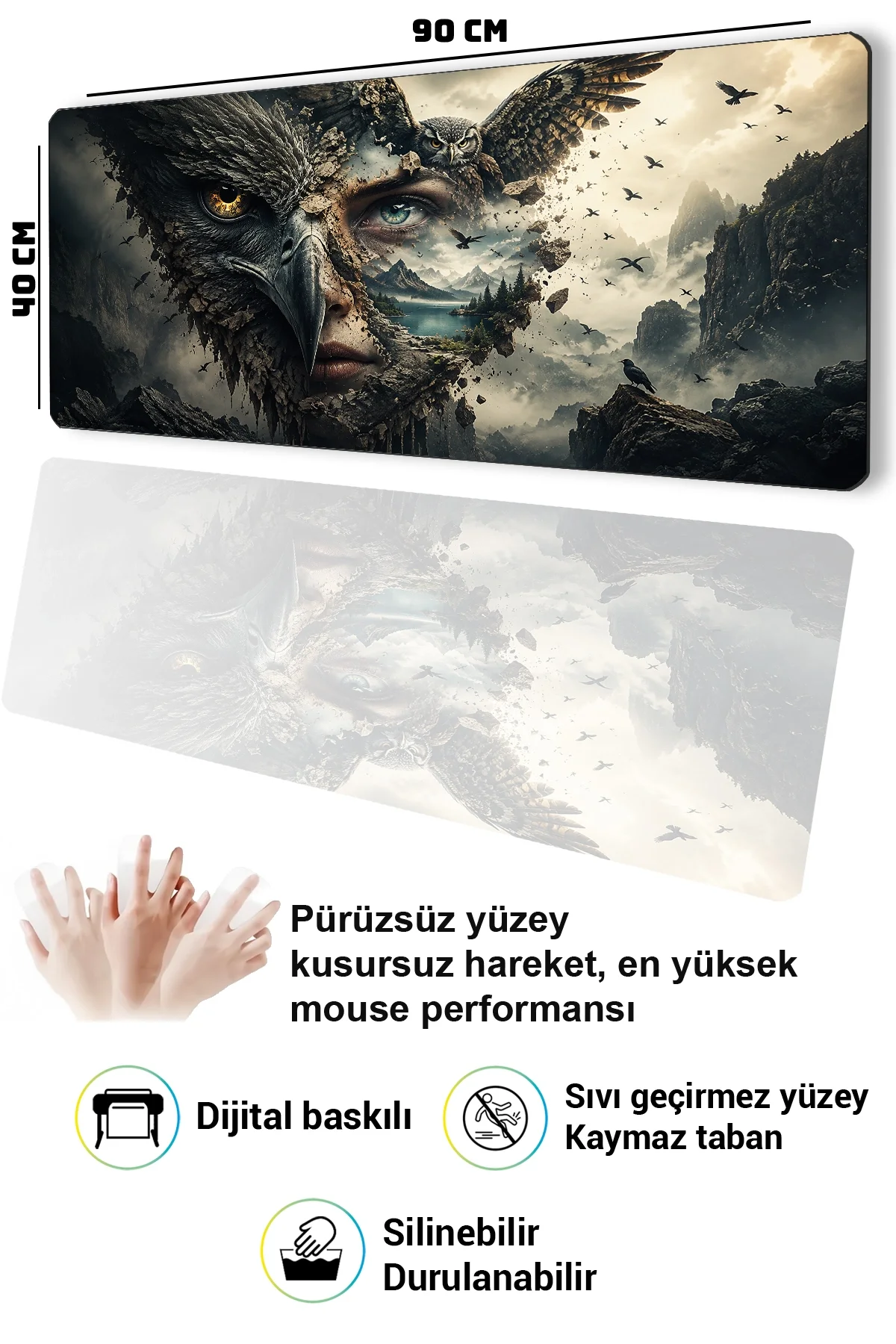 SonicTouch Klavye Mousepad 40x90cm Baykuş Ruhu Dikişsiz Pürüzsüz Sıvı Geçirmez Kaymaz Taban