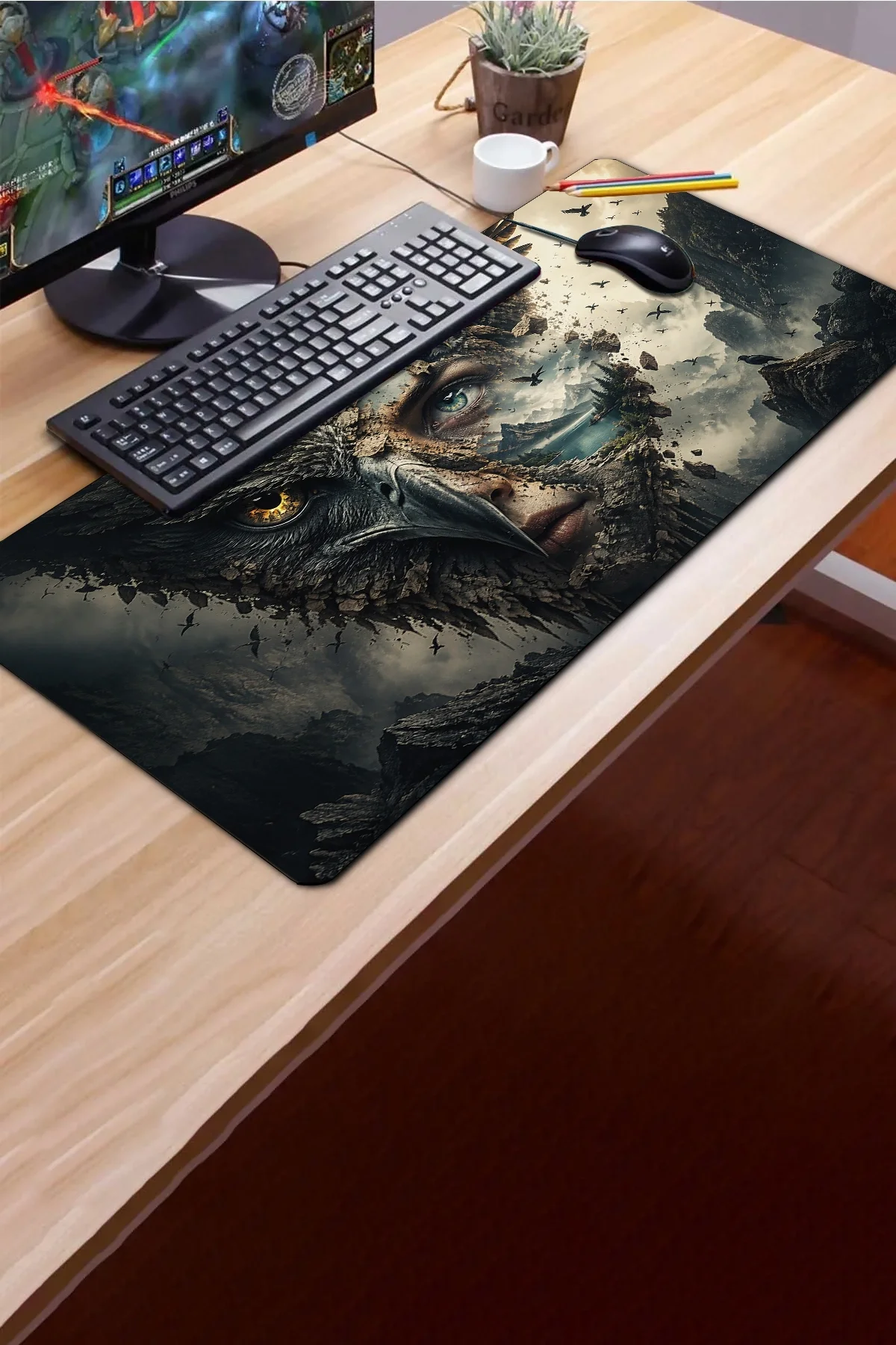 SonicTouch Klavye Mousepad 40x90cm Baykuş Ruhu Dikişsiz Pürüzsüz Sıvı Geçirmez Kaymaz Taban