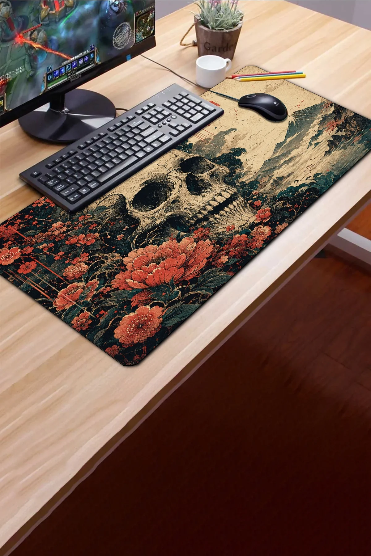 SonicTouch Klavye Mousepad 40x90cm Karanlık Ukiyo-e Dikişsiz Pürüzsüz Sıvı Geçirmez Kaymaz Taban