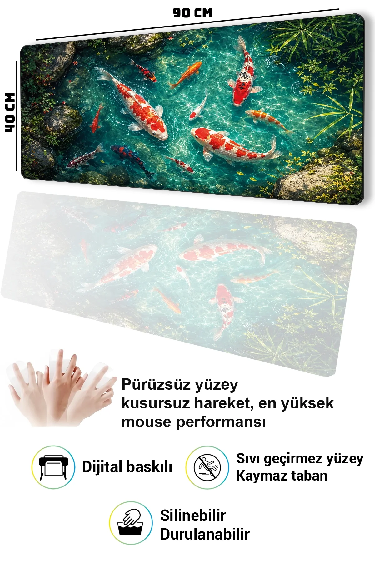 SonicTouch Klavye Mousepad 40x90cm Turkuaz Koi Gölü Dikişsiz Pürüzsüz Sıvı Geçirmez Kaymaz Taban